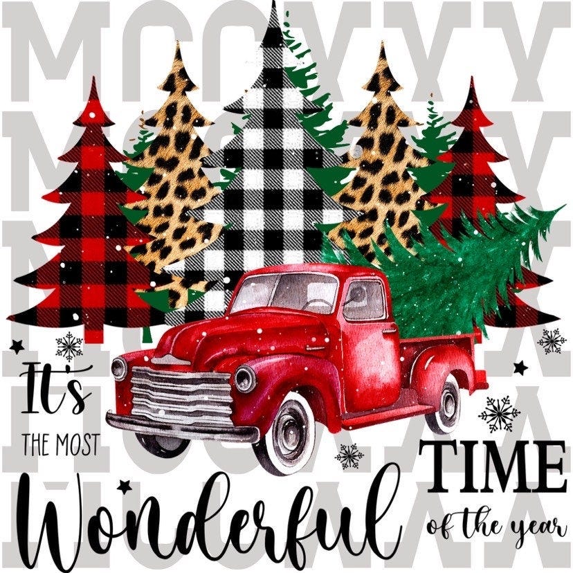 Vintage Red Truck Christmas Digital Design - Retro Holiday Illustration with Buffalo Check, Cheetah Print Trees, and Hand-Lettered Quote