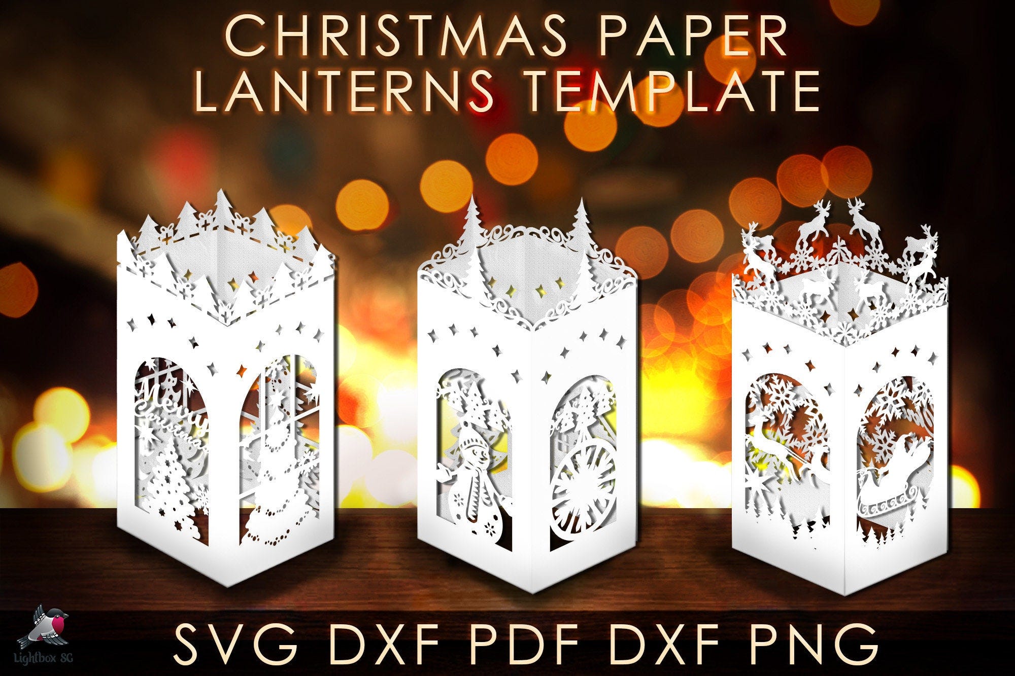 Merry Christmas lantern Template, Happy New Year paper cut diy lantern papercraft, X-mas candles template, cricut svg eps dxf art