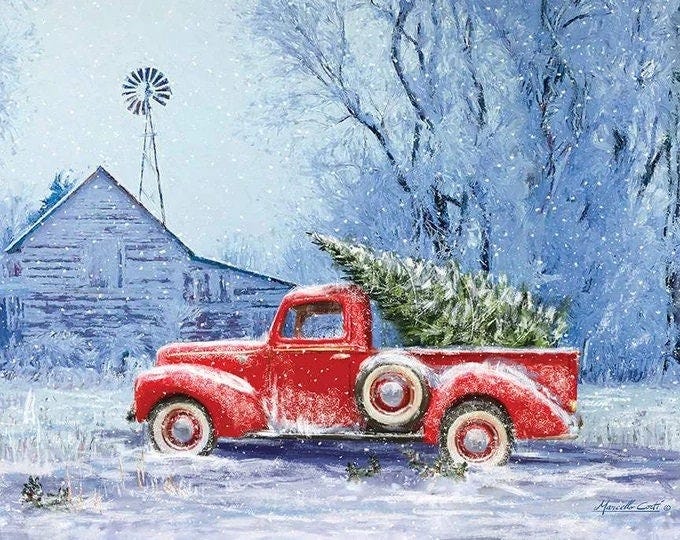 Red Truck Christmas Fabric Panel 44"x36", Christmas Truck Quilt Gift, Holiday Decor,  PD12373 Picture A Christmas by Riley Blake