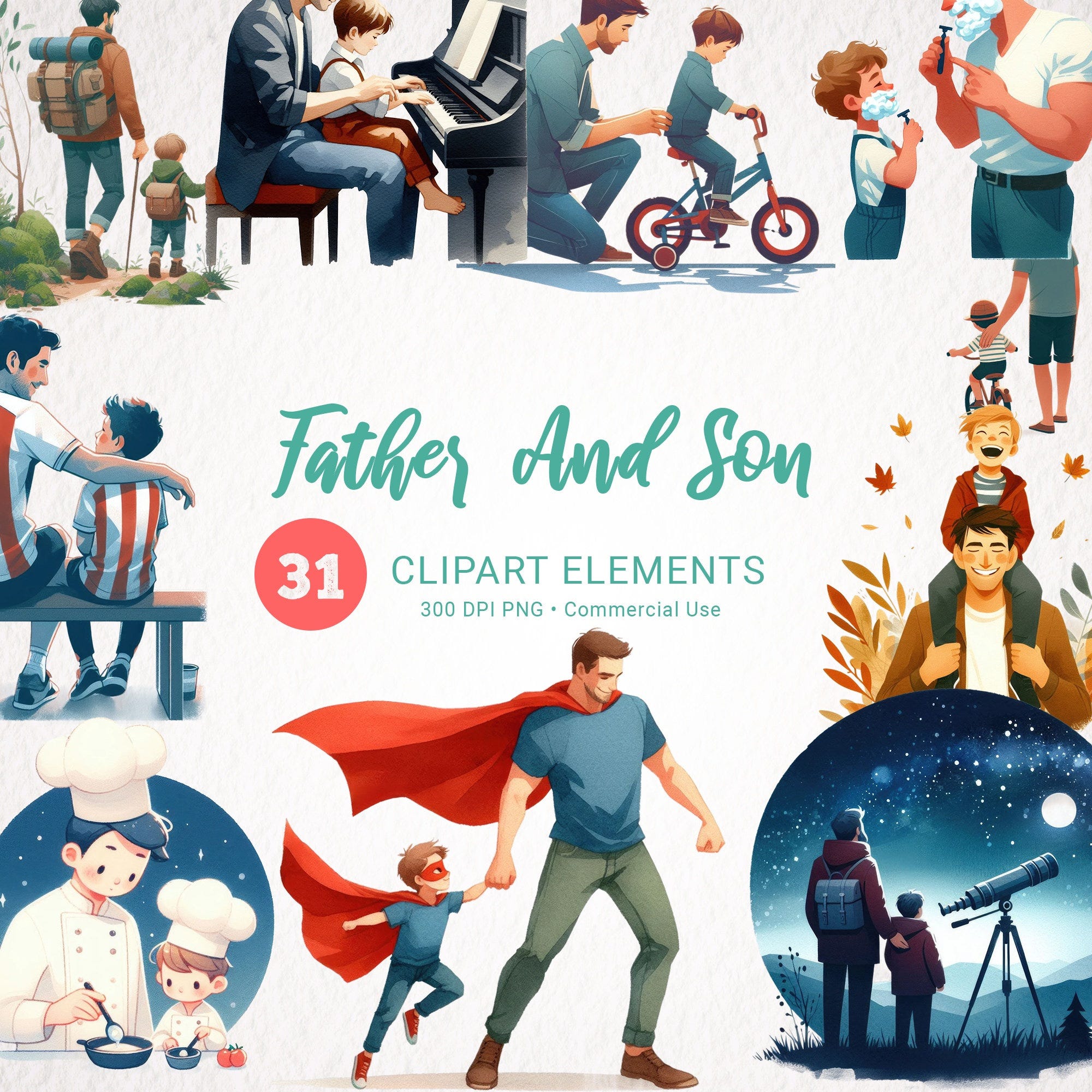 Father and Son Watercolor Clipart Bundle - 31 PNG Family Moments for Crafts & Projects