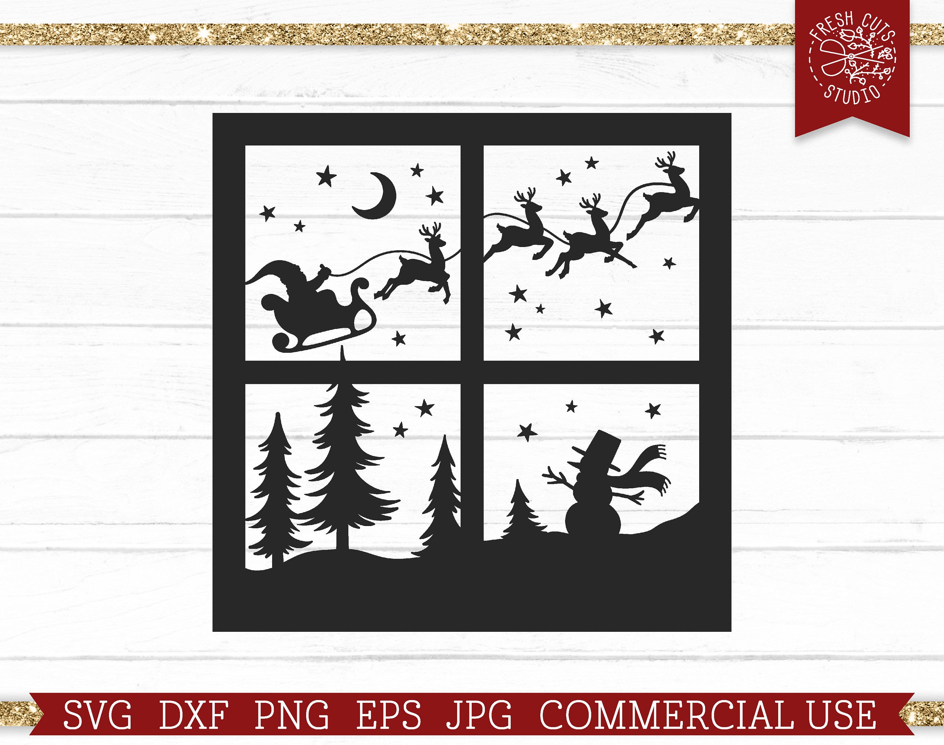 Santa Claus with Reindeer SVG Winter Scene Cut File for Cricut, Window Snowy Snowman SVG, Christmas Eve Scene, Snowing Window Panes Png Dxf