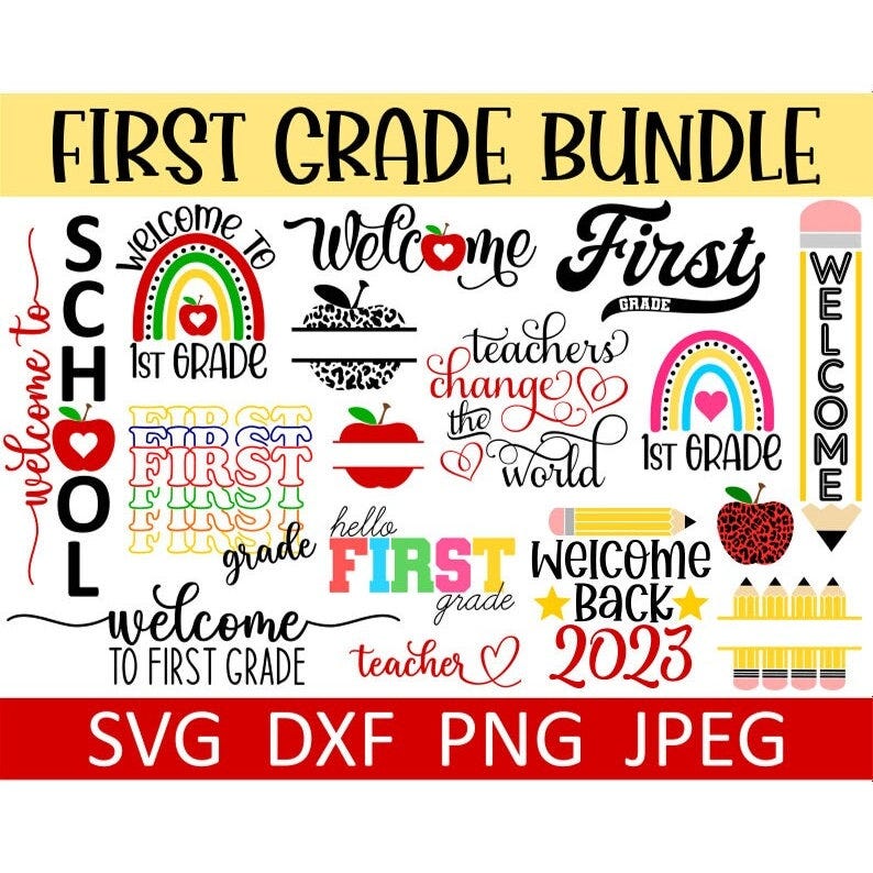 First Grade SVG Bundle, 1st Grade SVG, School Teacher SVG, Digital Download, Cut Files, Sublimation (17 individual svg/png/dxf/jpeg files)
