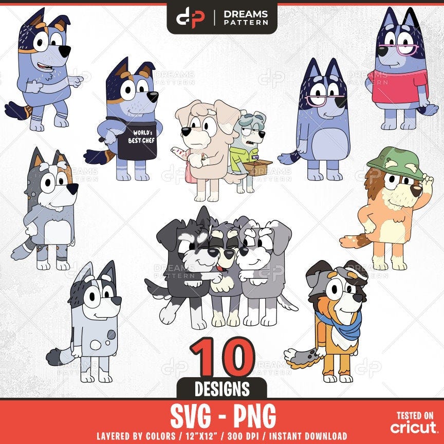 Blue Dog and Friends Others Svg, 10 Designs Easy to use, Cartoon Characters, Layered Svg by colors, Transparent Png, Cut files for Cricut.