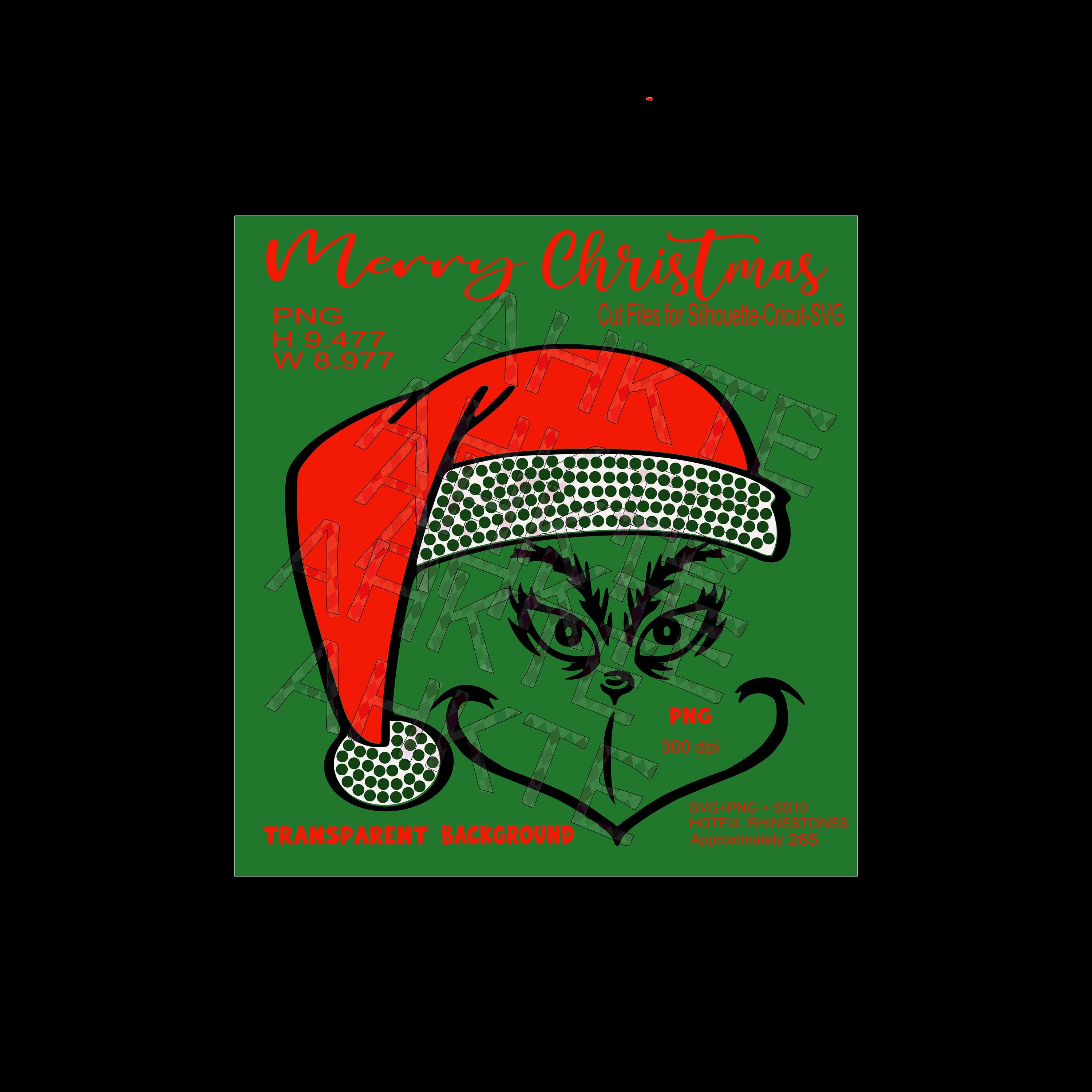 Grinch Face with Santa Hat w/Rhinestones on the White Fur, PNG -SVG - Design Template - Cut Files for Silhouette-Cricut-SVG Instant Download