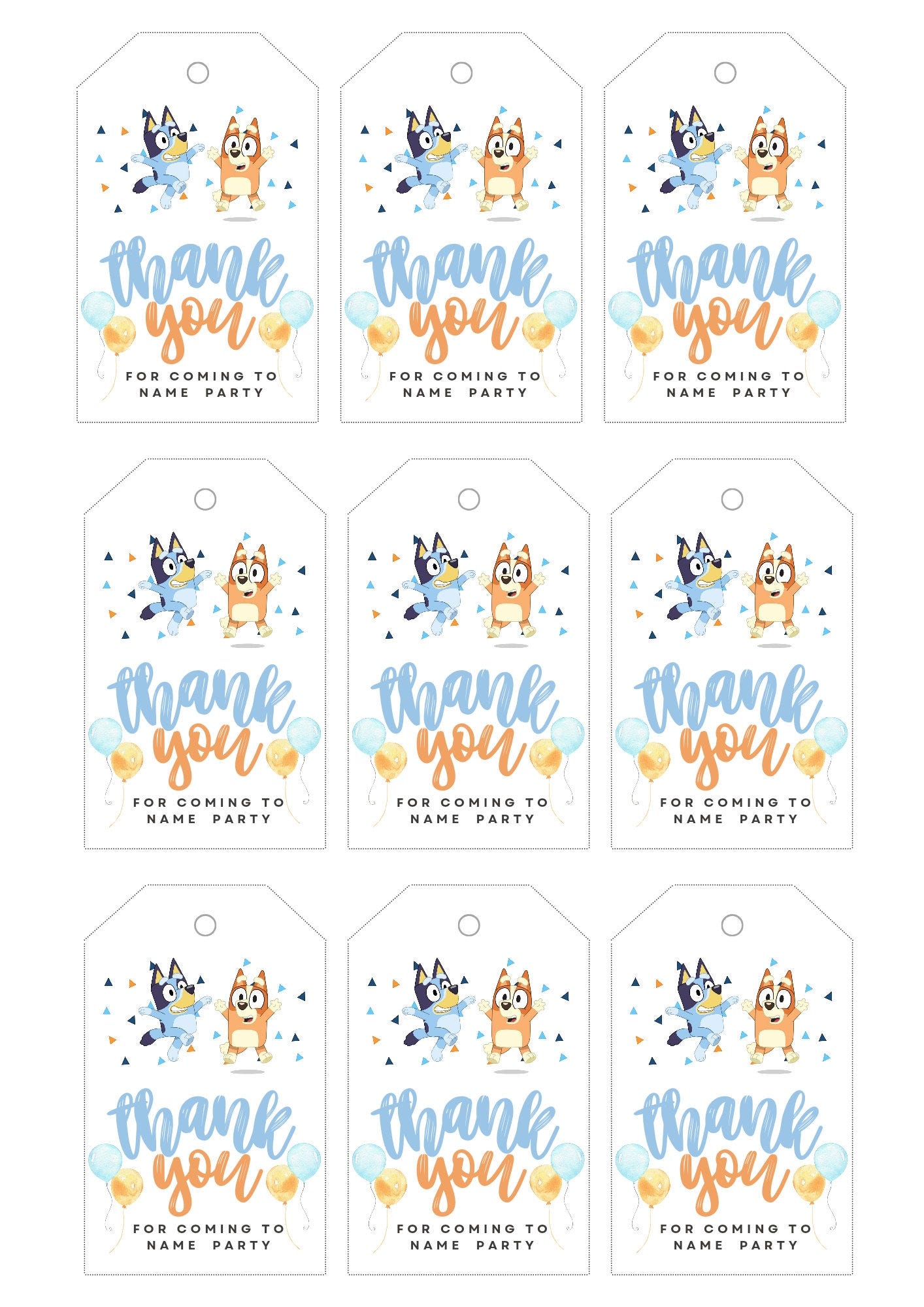 Bluey birthday  THANK YOU tags editable, digital, instant download