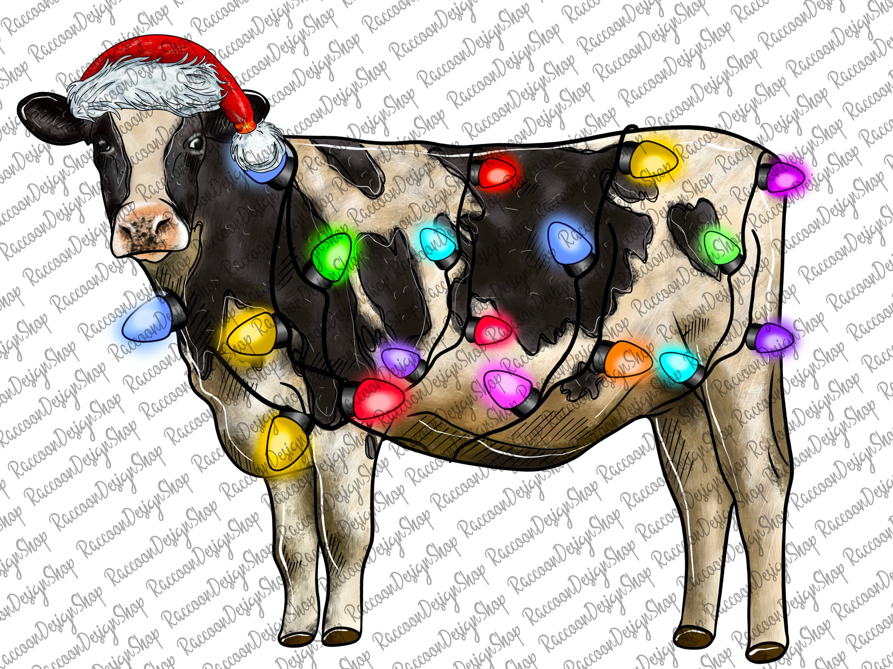 Christmas Cow, Holstein Cow, Digital Download,Png,Christmas Lights Cows Sublimation,Sublimation Designs Downloads,Watercolor Cow