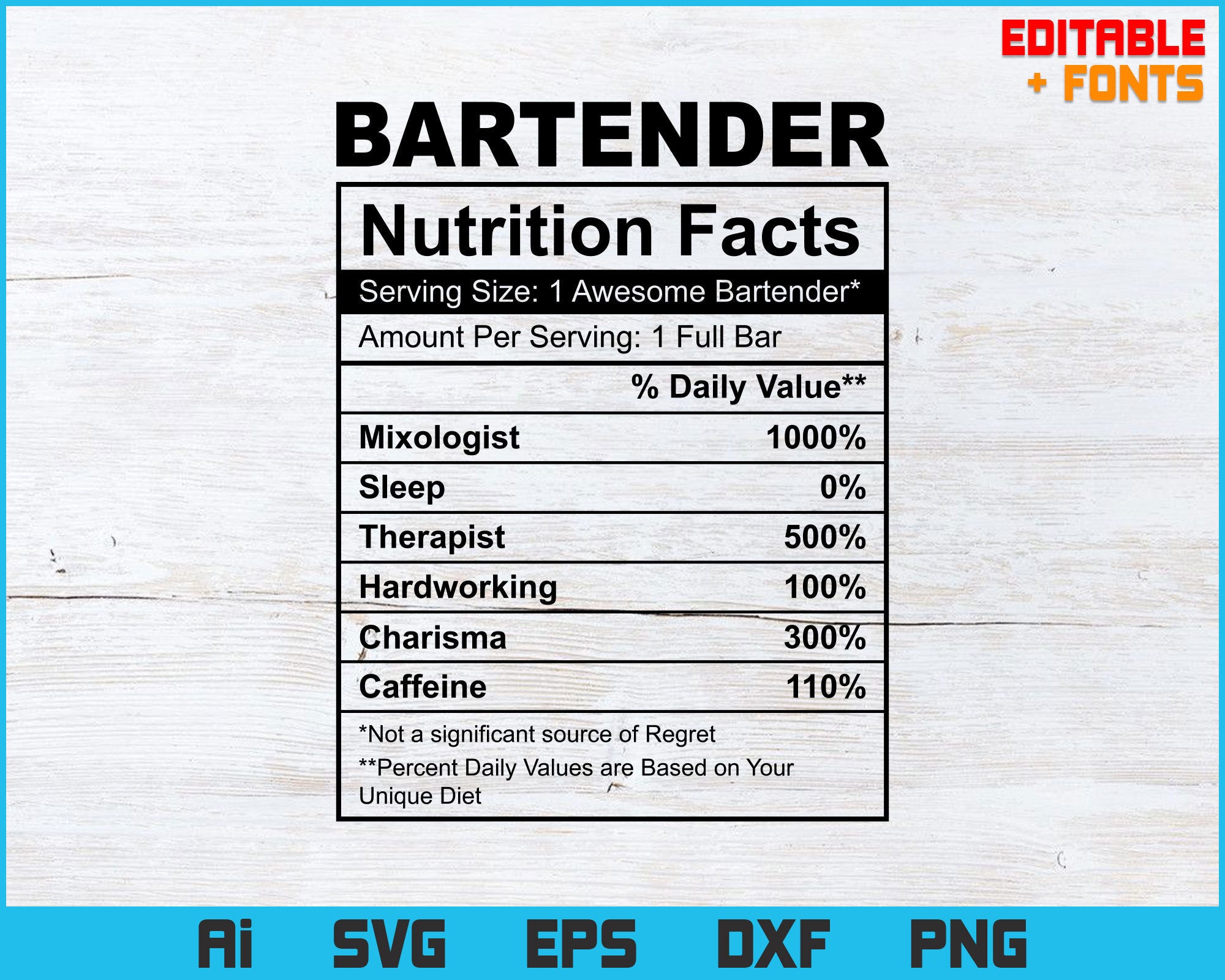 Funny Bartender Nutrition Facts Editable Vector T-shirt Design in Ai Svg Png Files, Bar Svg, Beer Svg, Bartender Svg File