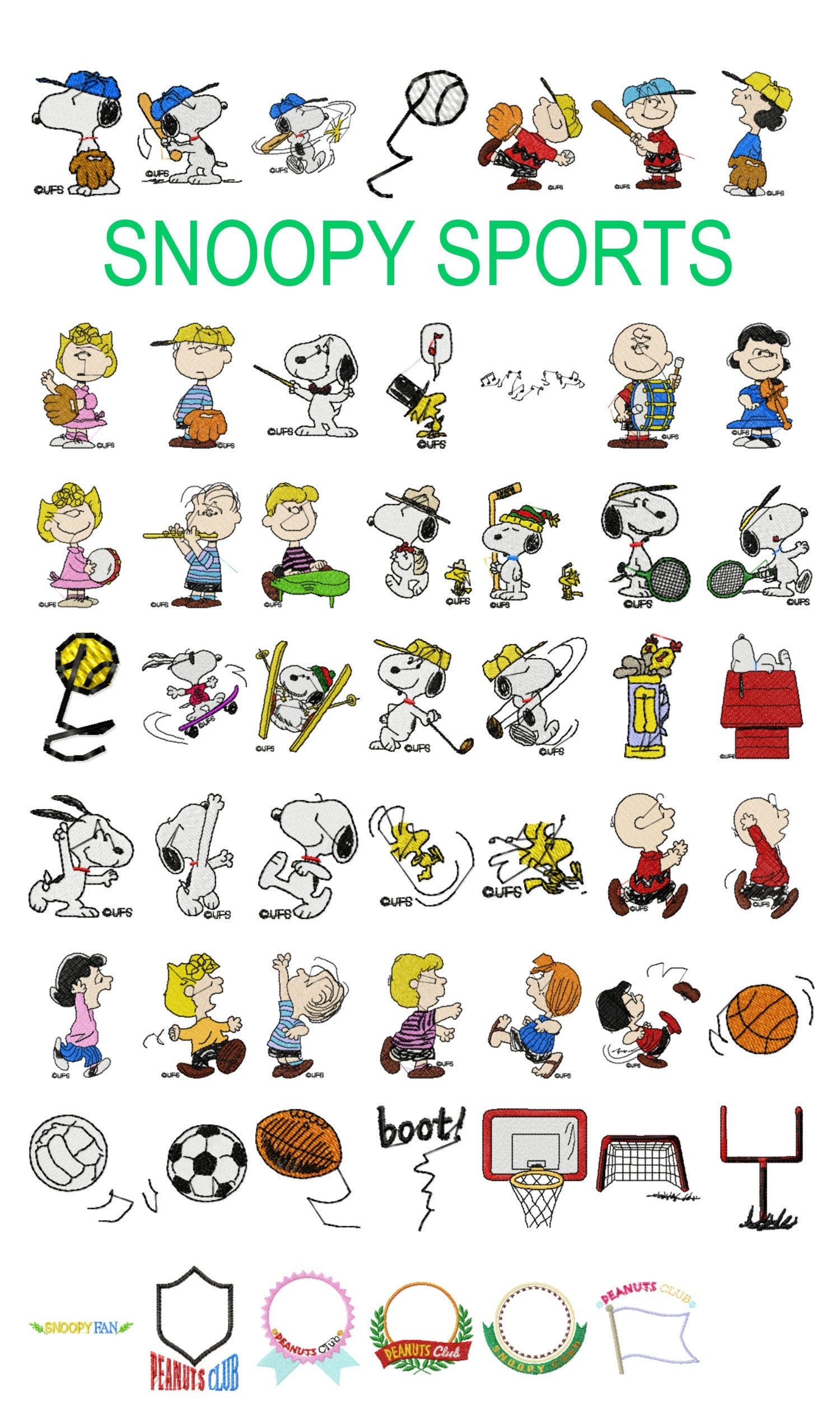 55 Snoopy machine embroidery designs, peanuts embroidery, woodstock pattern, charlie brown, patty linus, sports baseball tennis basketball,