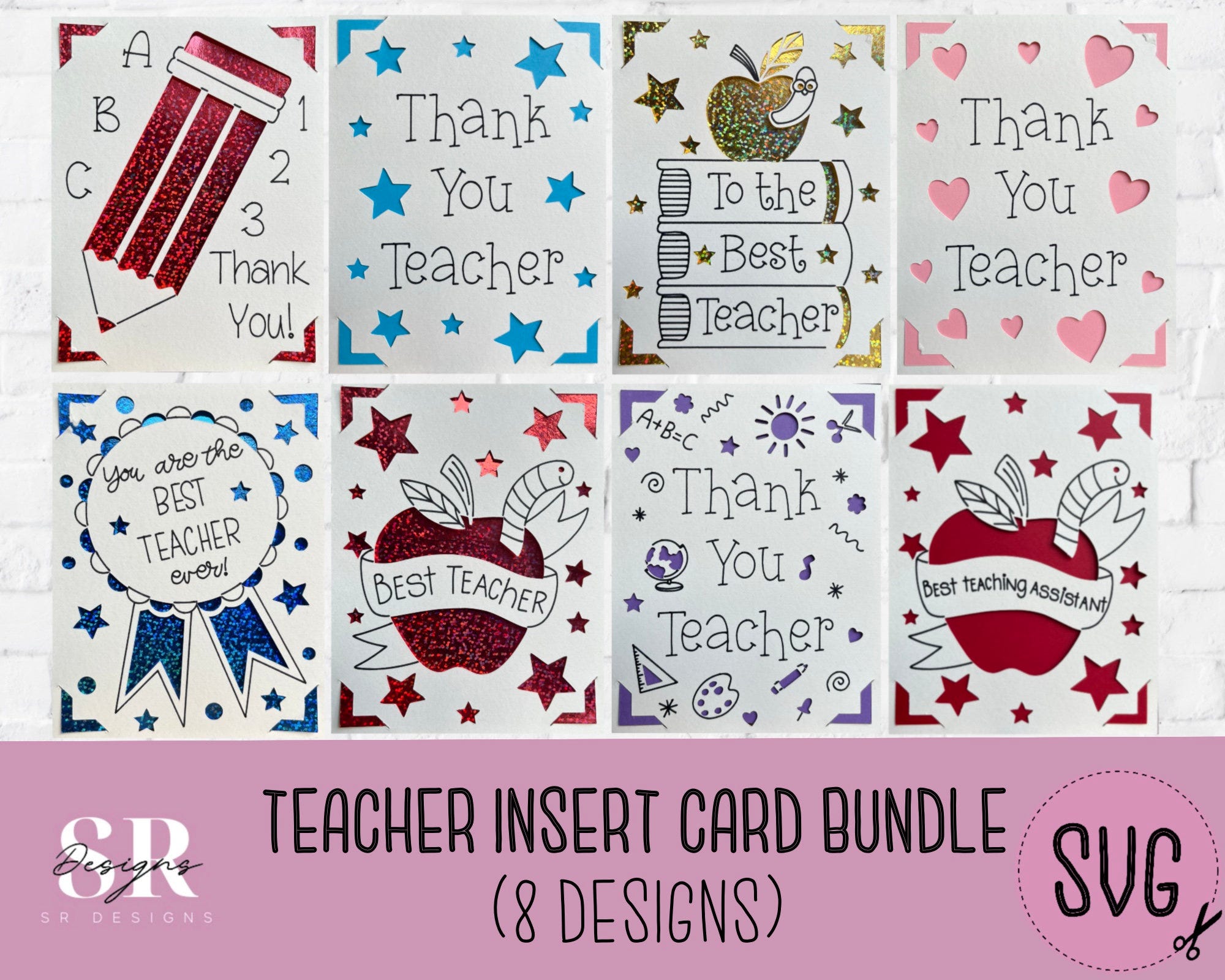 SVG: Teacher insert card bundle. 8 designs. Paper cutting. Thank you teacher card svg. Teacher appreciation. Cricut joy teacher card bundle.
