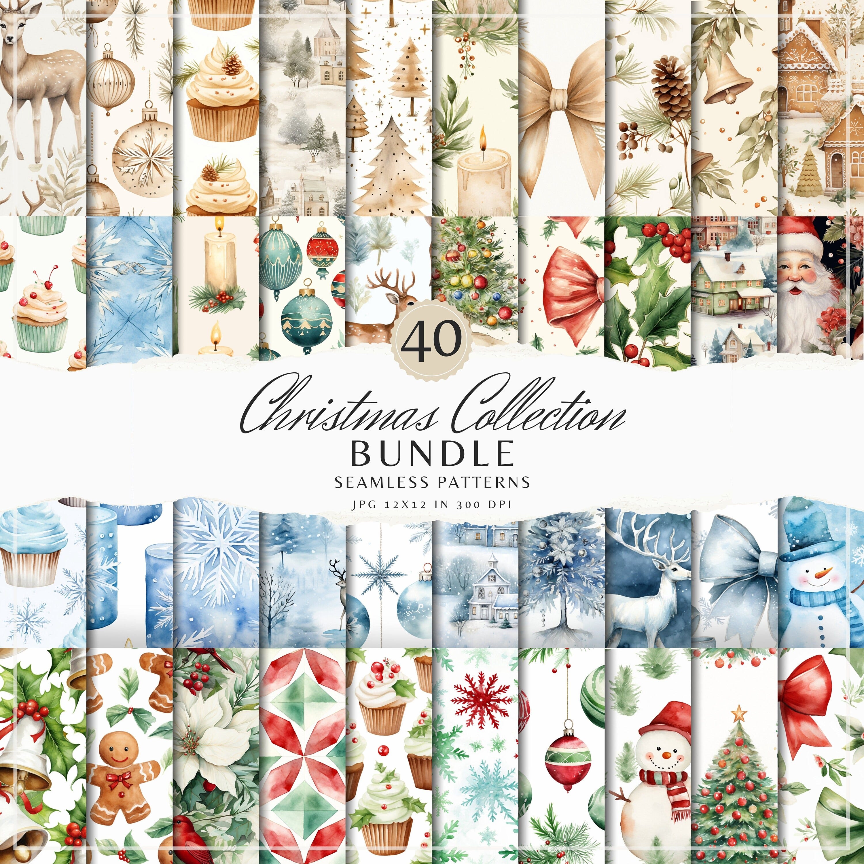 Seamless Watercolor Christmas Patterns Bundle, Xmas JPEG, Holiday Digital Download, Winter Repeating Pattern,Digital Papers, Scrapbook Paper