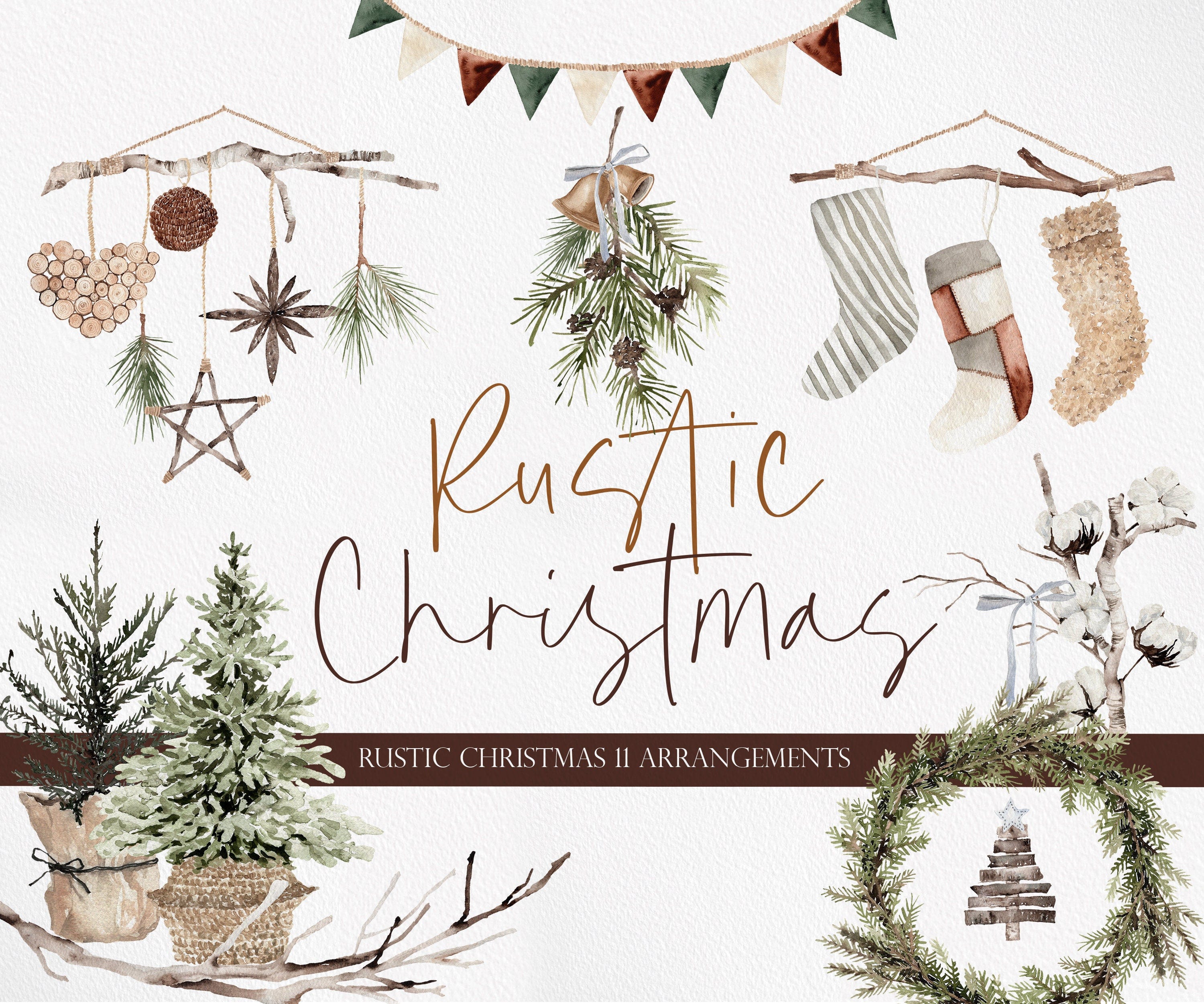 Rustic Christmas, Ornaments Clipart, Christmas Clipart, Boho Christmas, Watercolor Clipart, Watercolor Christmas, Christmas Wreath