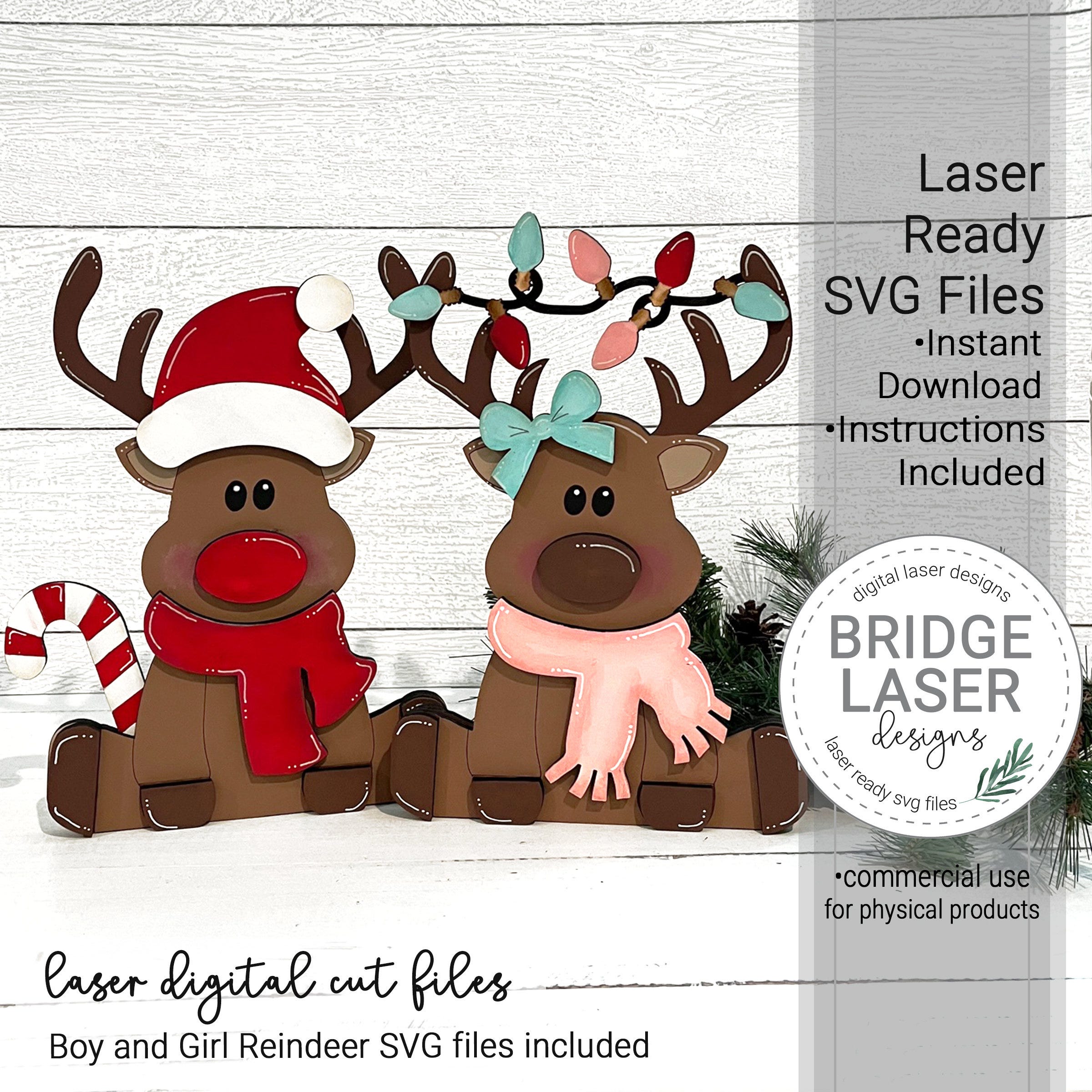 Reindeer Boy and Girl Shelf Sitter Laser Cut File, Christmas Shelf Sitter Laser Cut Design SVG, Christmas Laser File, Glowforge Laser SVG