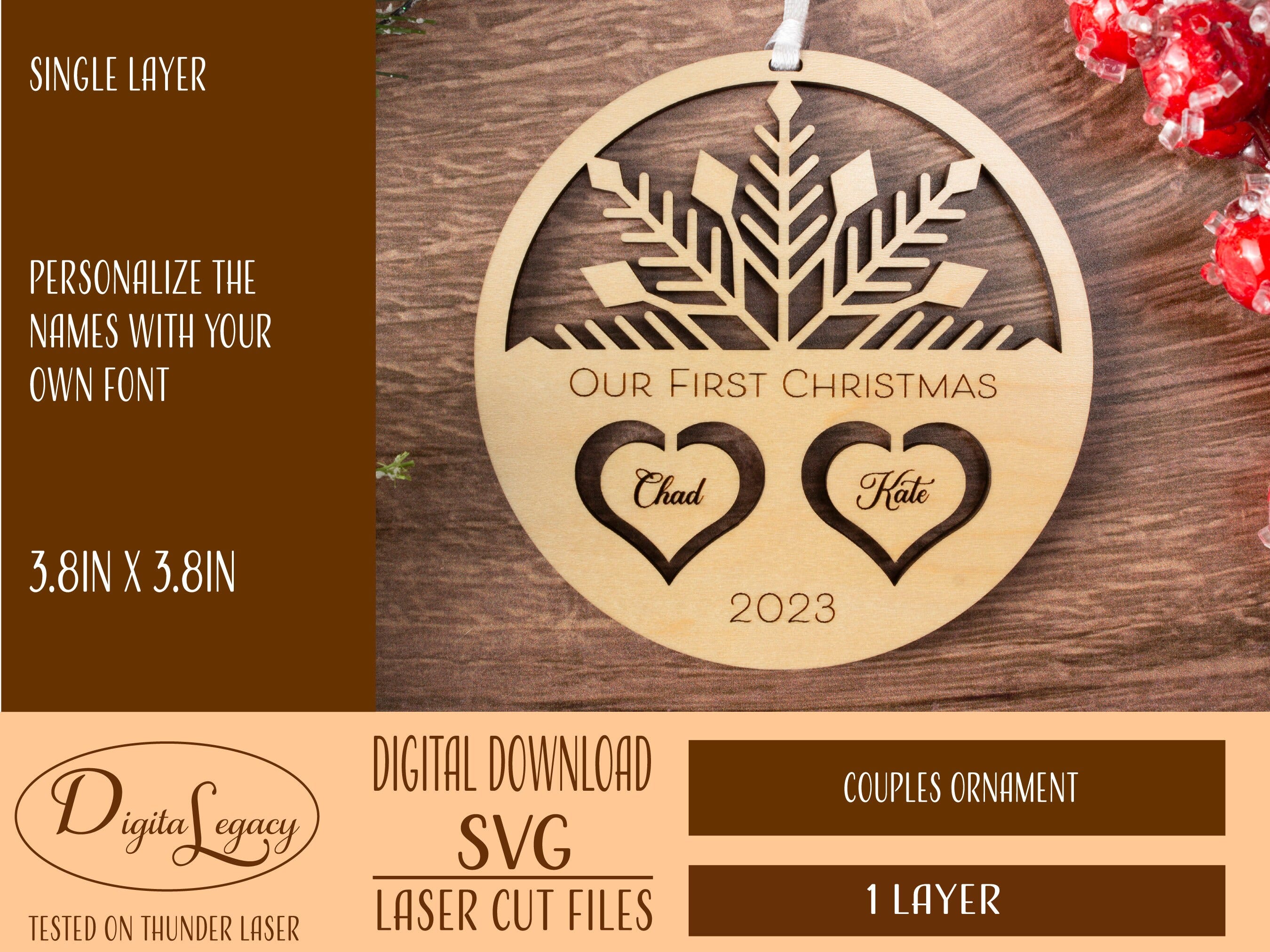 Couples Ornament Laser Ready SVG - Snowflake Digital Download Laser Cutting - Christmas Ornament SVG