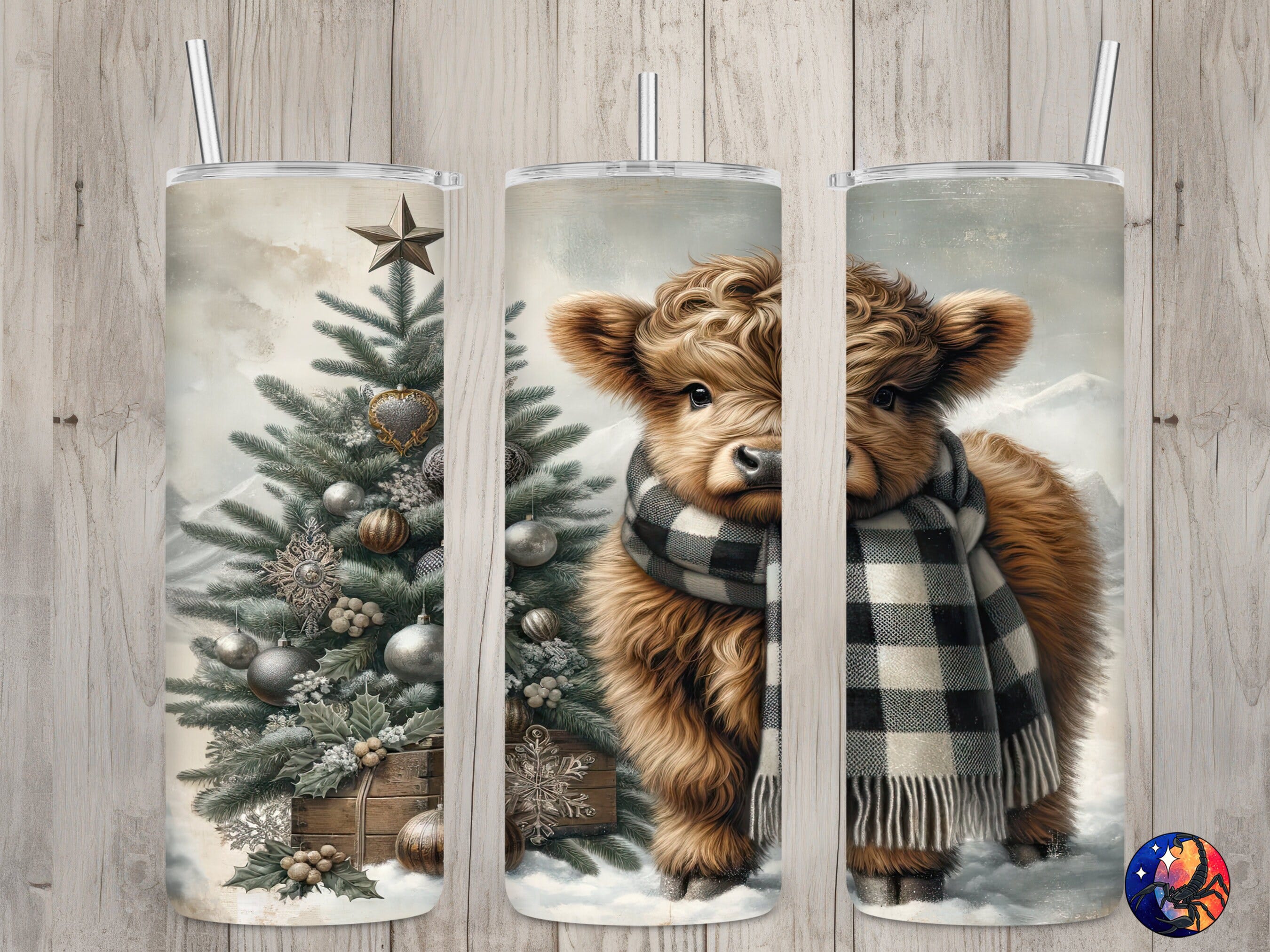 Seamless Rustic Cute Baby Highland Cow Design, Christmas 20oz Skinny Straight Tumbler Sublimation Design, Tumbler Wrap, PNG Digital Download