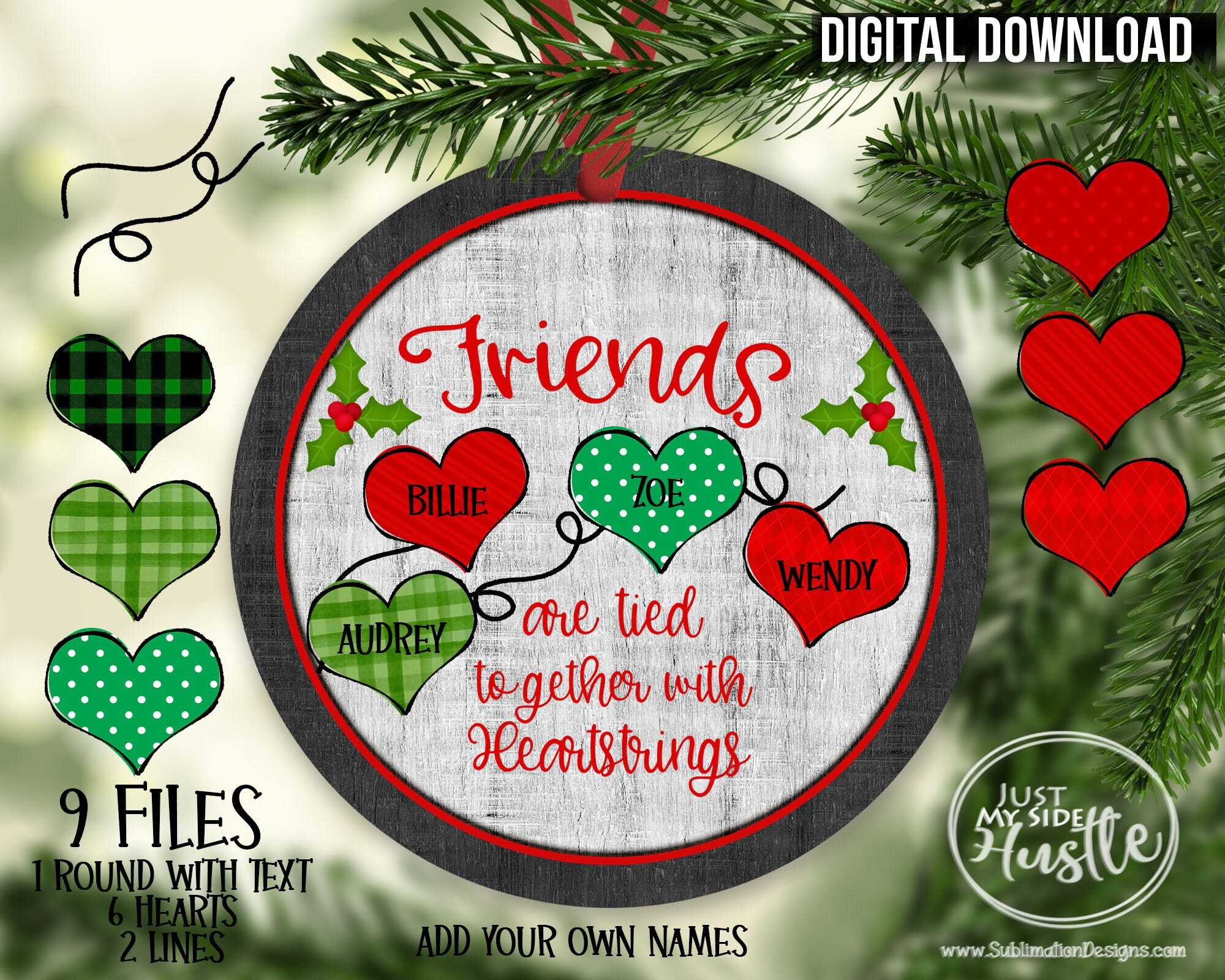 Friends are tied together with Heartstrings Sublimation Designs Template- Friendship Xmas Sublimation Ornament Digital Download