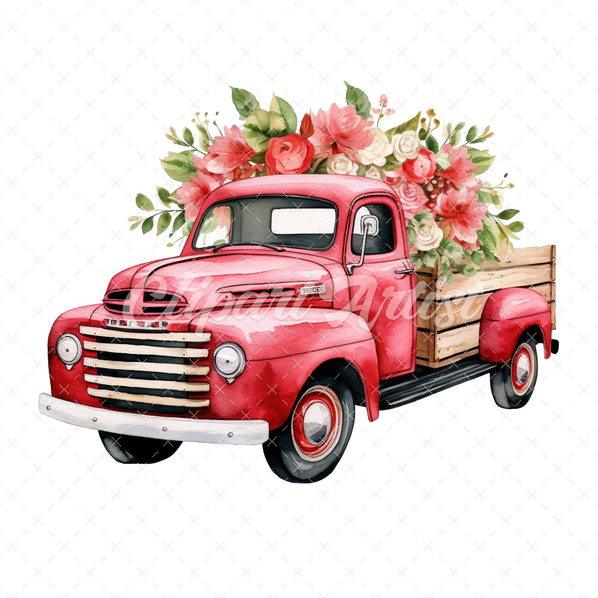 18 High-Quality Roses Pickup Trucks Clipart - Roses trucks digital watercolor JPG instant download for commercial use - Digital download