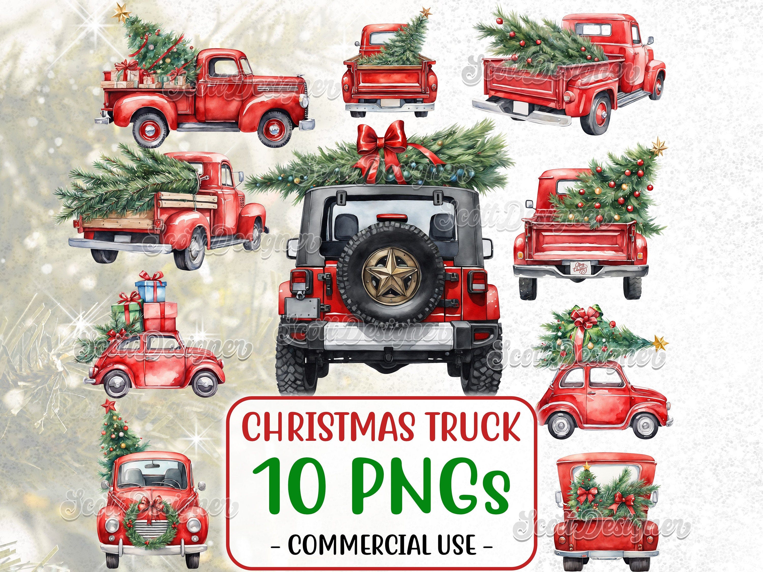 Watercolor Vintage Christmas Truck Clipart PNGs - 10 Unique Clipart Images PNG, For Commercial Use POD, Sublimation, Digital Download