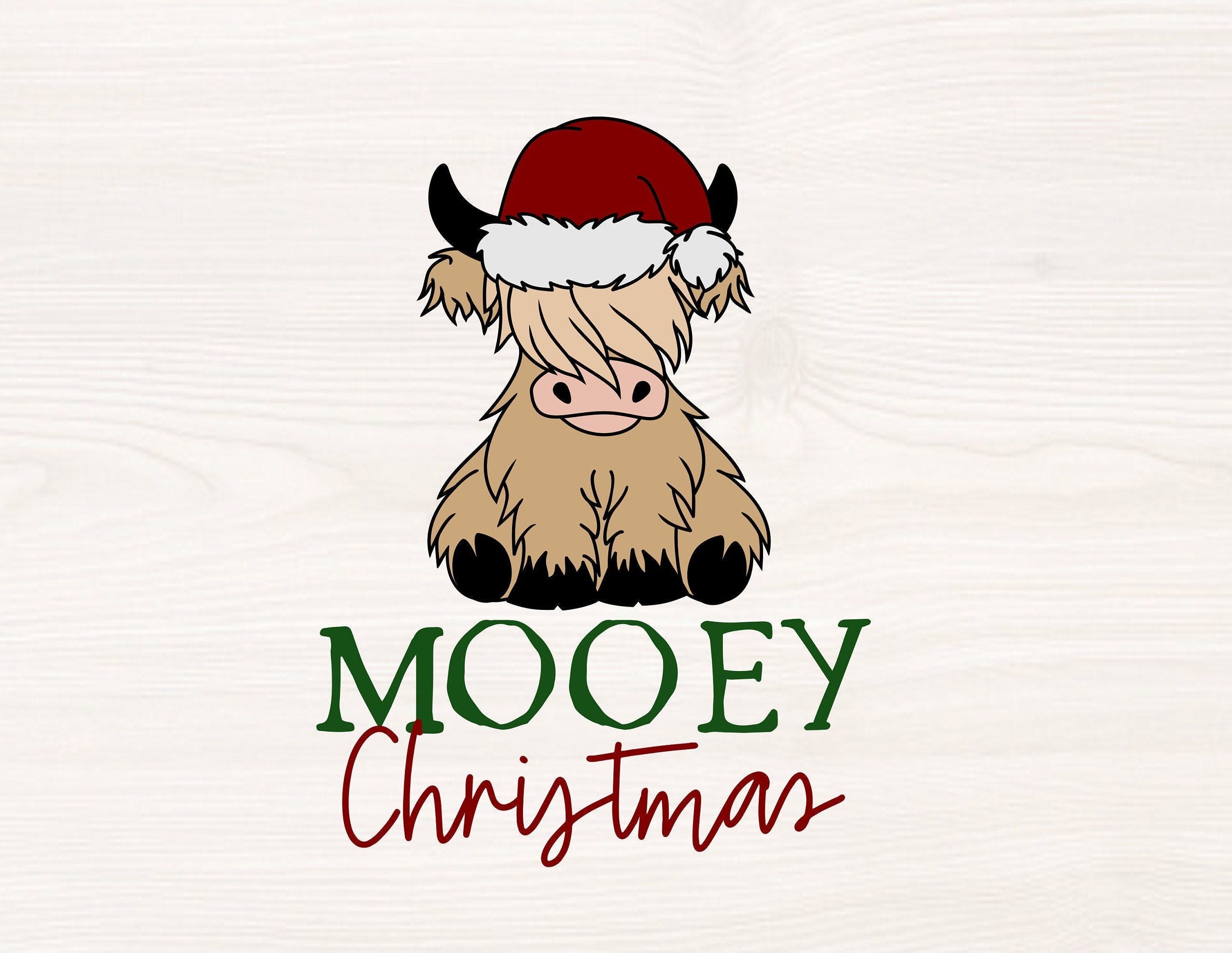Mooey Christmas SVG PNG Files for cutting machines, digital clipart, highland cow, farmhouse, santa hat, cute