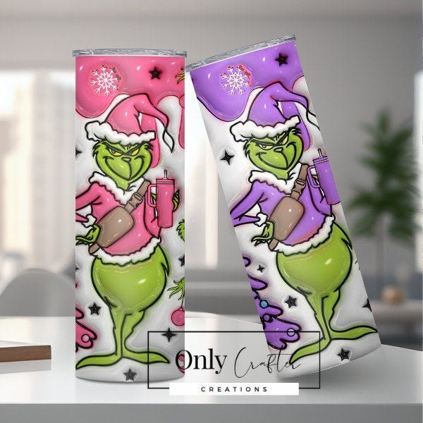 Unique Grinch Custom 3D Paint Drip Pink Purple Christmas 20oz Tumbler - Festive Holiday Gift - Grinch Tumbler - Christmas Gift