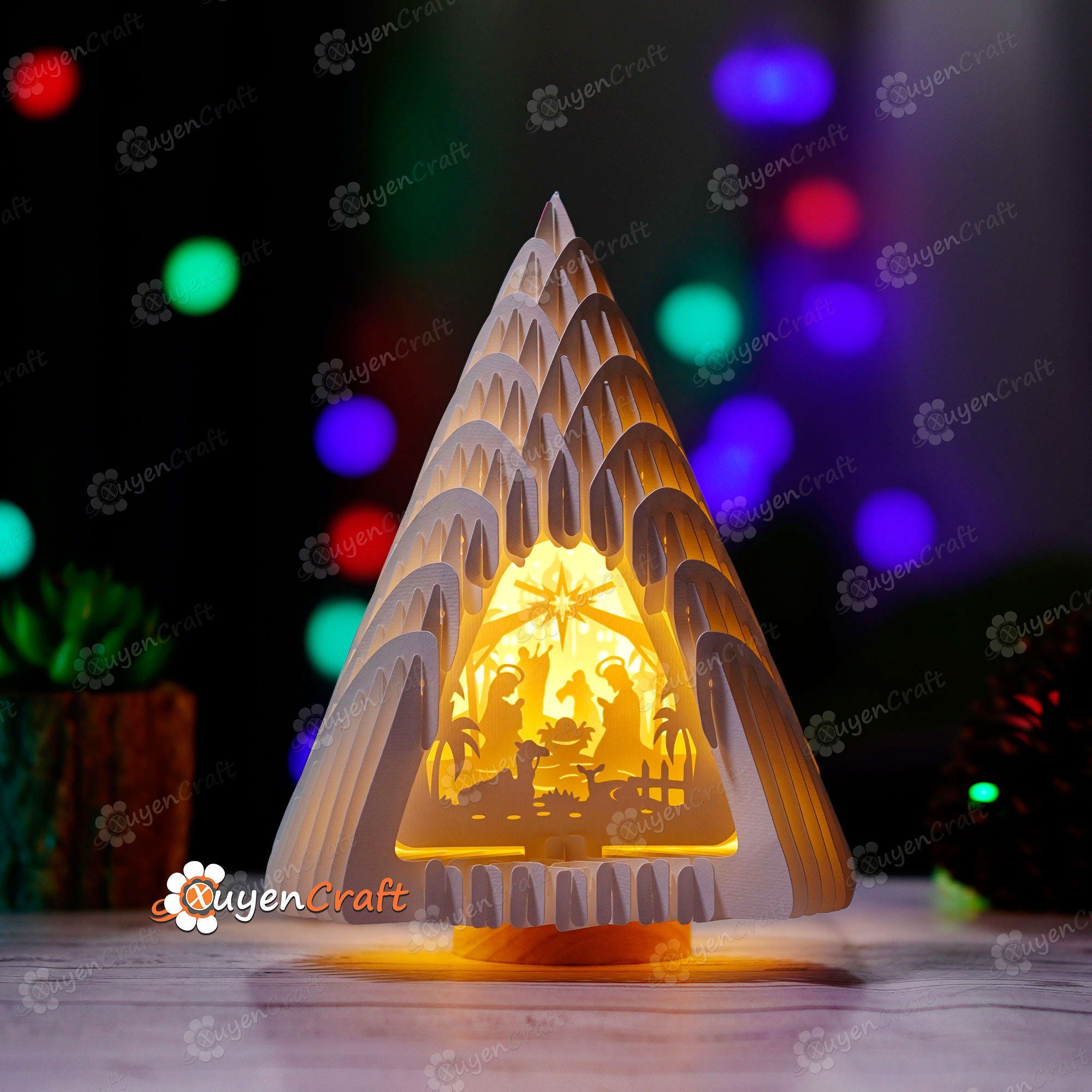 Christmas Tree V2 with Nativity Scene 3D Popup SVG Template, Christmas Tree Lantern 3D Shadow Box for Merry Christmas Lightbox Paper Cutting