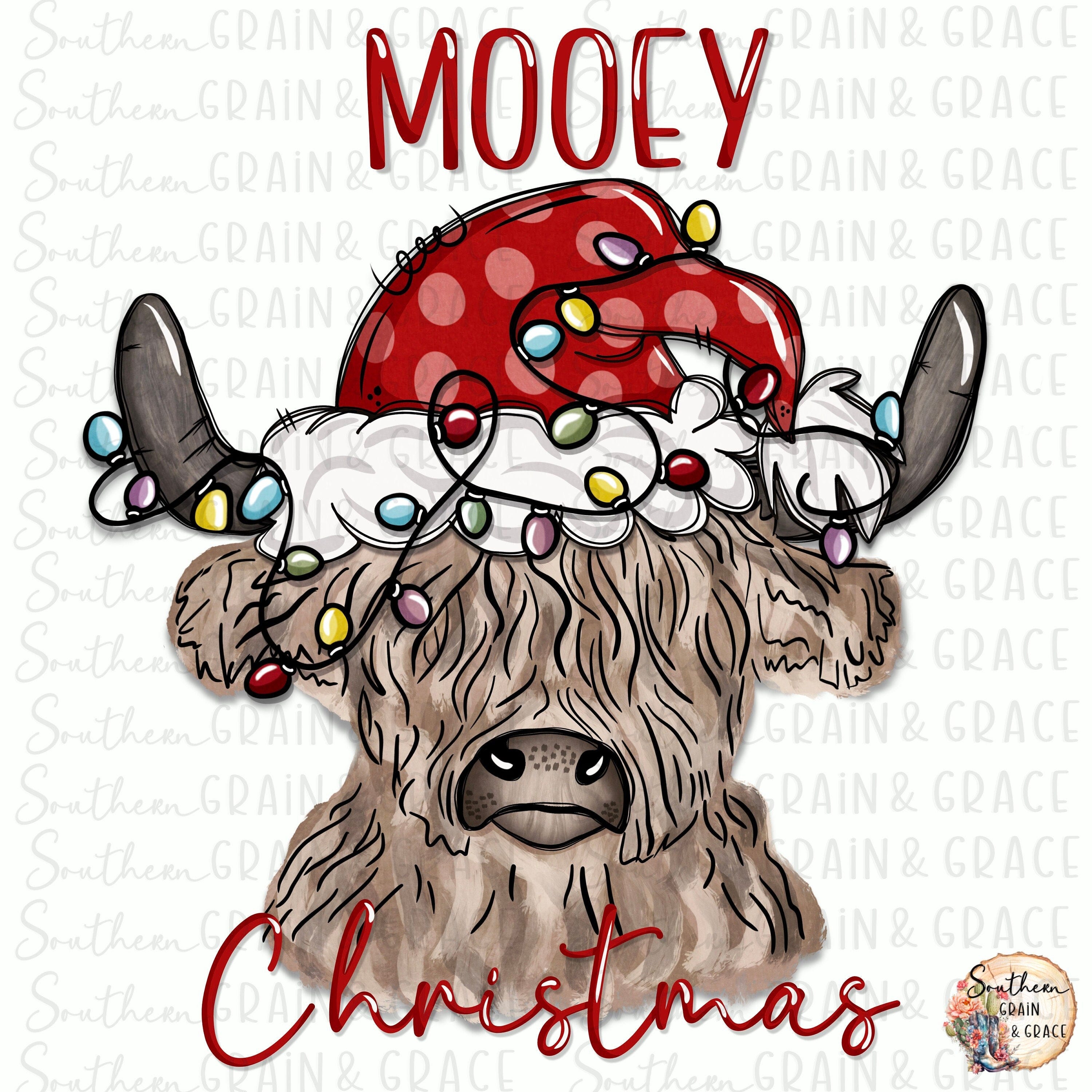 Christmas Highland Cow with Christmas Lights, Mooey Christmas, PNG, Sublimation, DTF, Digital Download