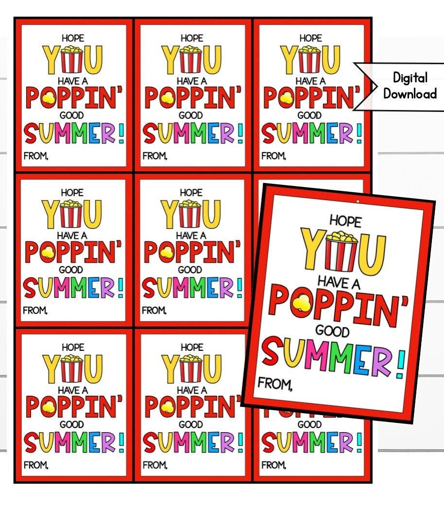 End of the Year Student Popcorn Summer Gift, Party Favor Printable, Preschool Gift, Kindergarten Present, Class Exchange, Class Party