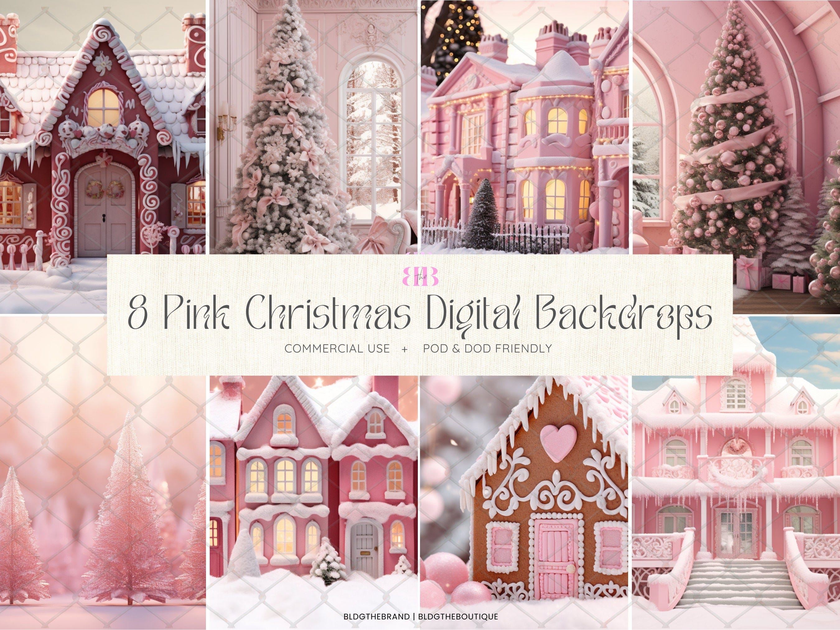 Pink Christmas Digital Photography Backdrop, Gingerbread House Background, Barb Dream Mansion, Photoshop Overlay For Kids Toddler Pet, Trees
