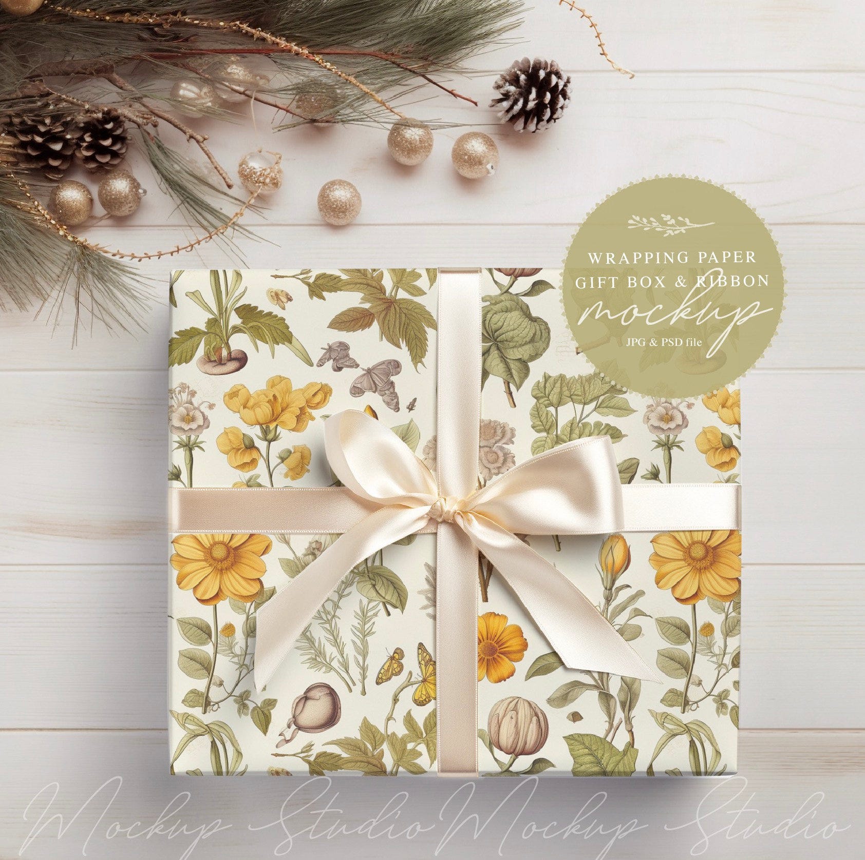 Gift Paper and Ribbon Mockup, Christmas Gift Box Mock-up, Wrapped Present Mockup, PSD with smart object, Wrapping Paper Mockup