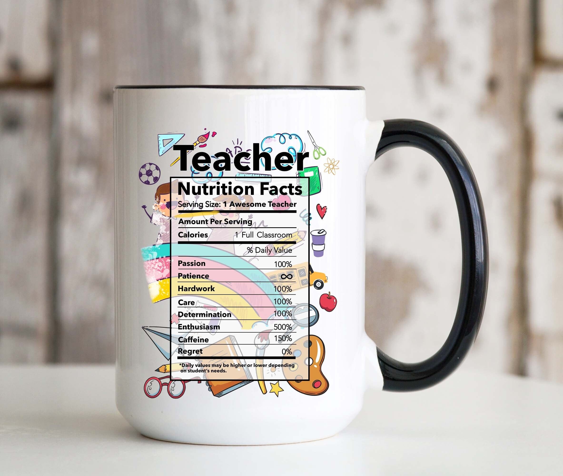 Teacher Nutrition Facts Coffee Mug 15oz Ceramic Cup with Color Handle Birthday Christmas Father