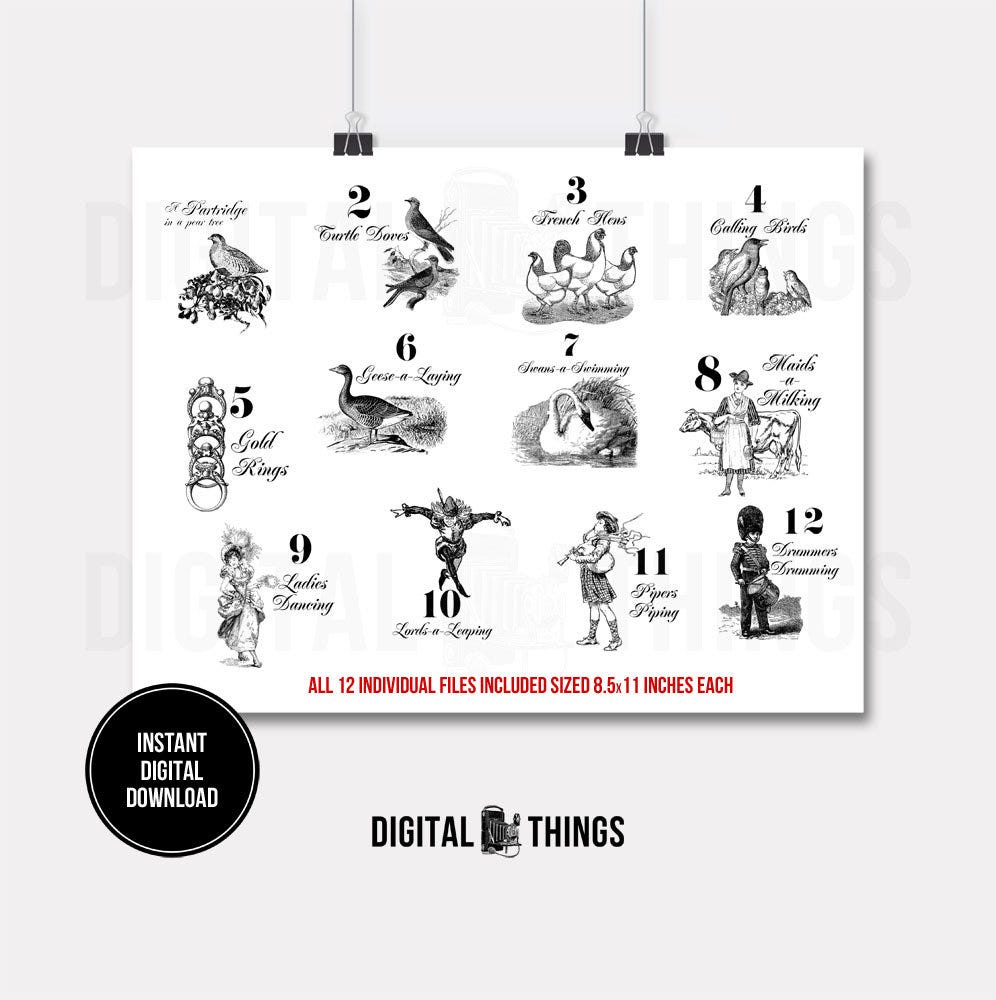 12 Twelve Days of Christmas Holiday Printable Files Set Digital Instant Download for Art Iron on Transfer Tote Pillows Tea Towels DT1572
