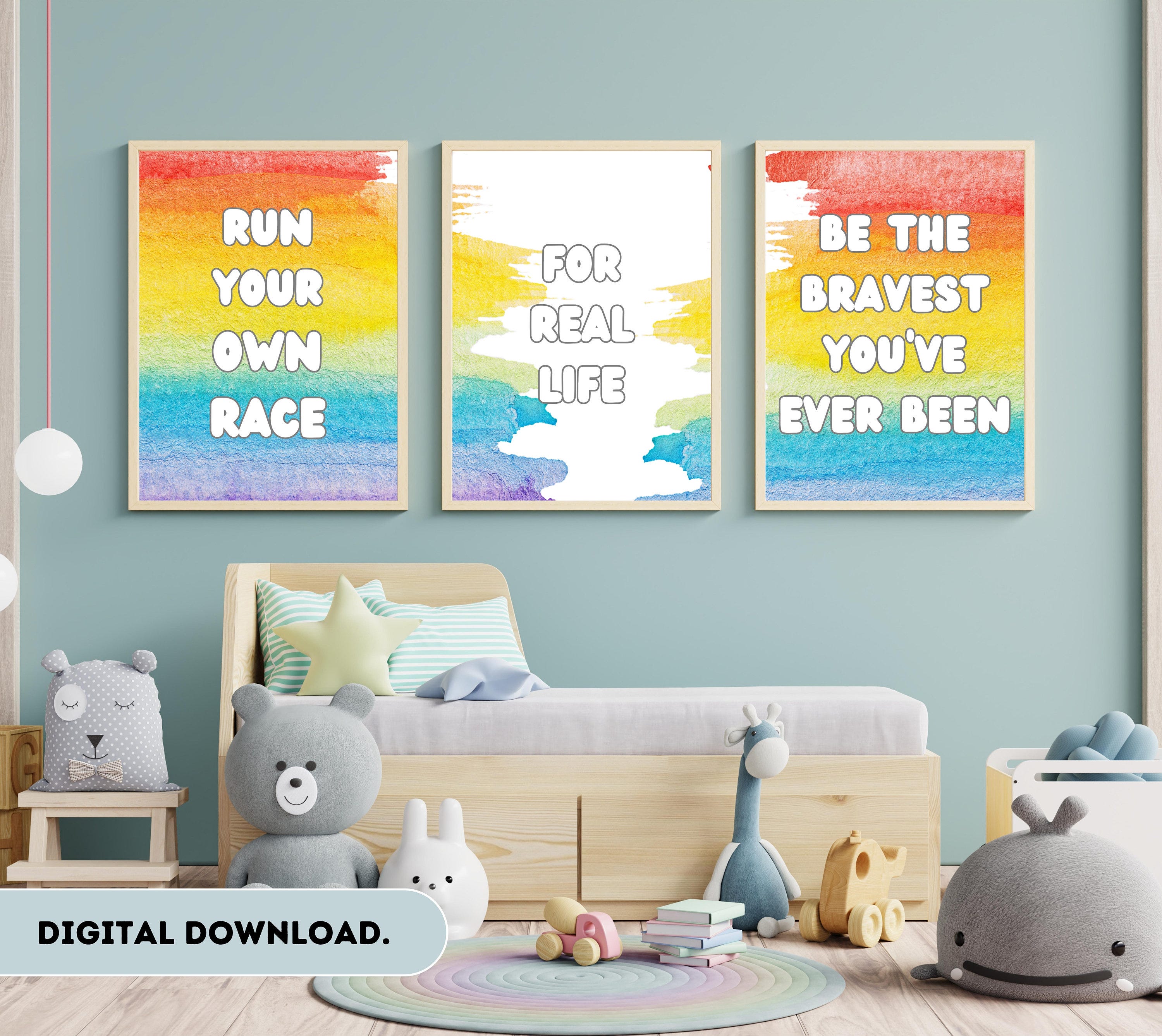 Bluey 3x Inspired Quotes on a Rainbow background - For Real Life, Run your own race, Bravest you