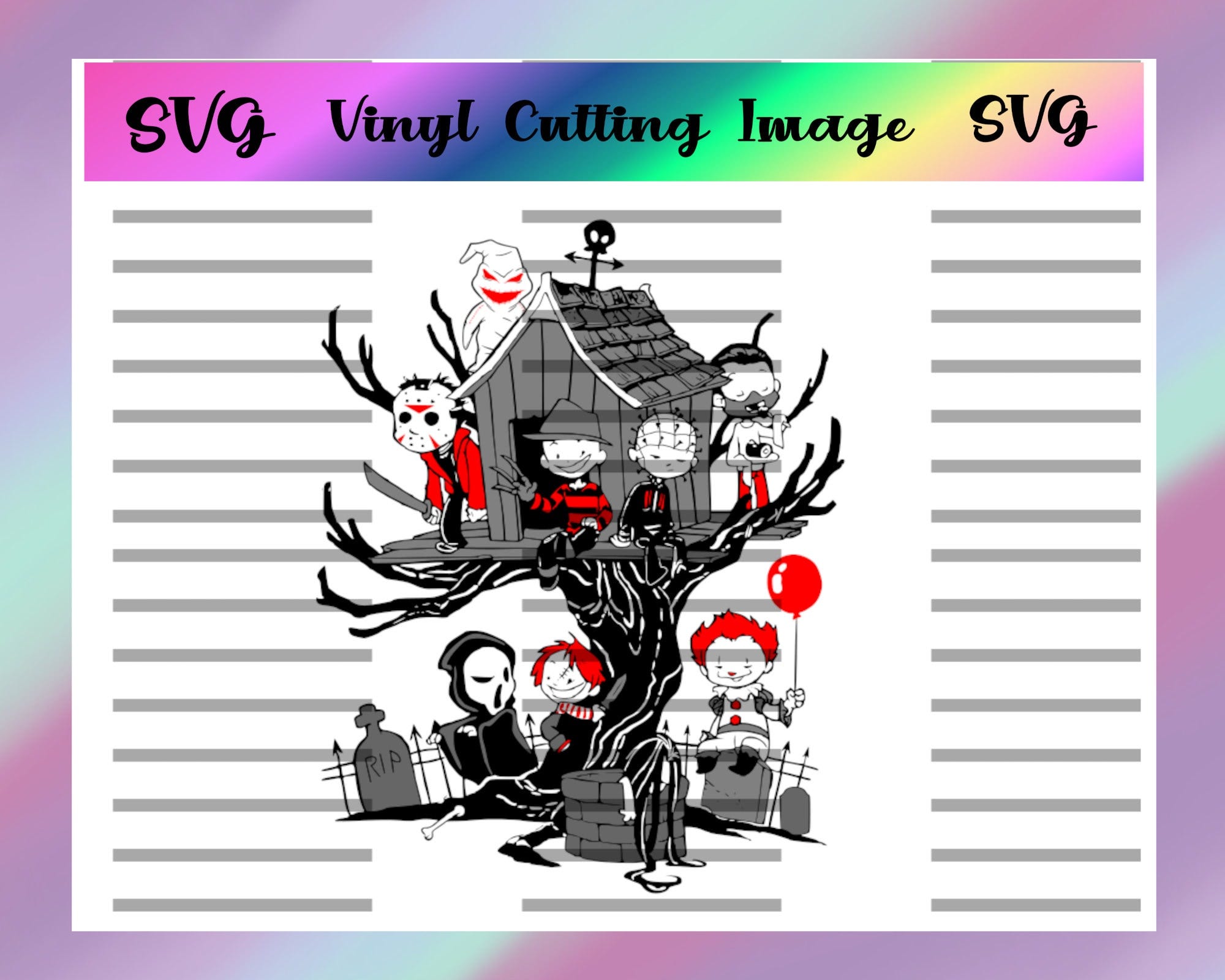 Halloween Horror Treehouse Digital Cut File SVG, Vinyl Cut File, Jason, Freddy, IT, Chucky, Scream, Layered Vinyl File, Halloween, Michael