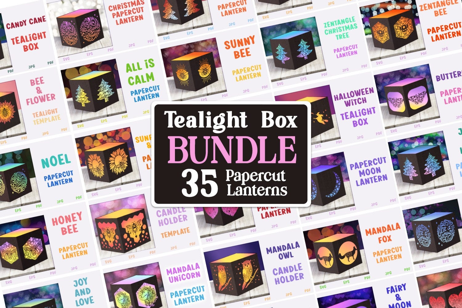 Candle Holder Template Bundle, Tealight Box SVG, Papercut Lantern Bundle, Christmas tealight, Heart Papercut Lantern, Halloween Candle Box