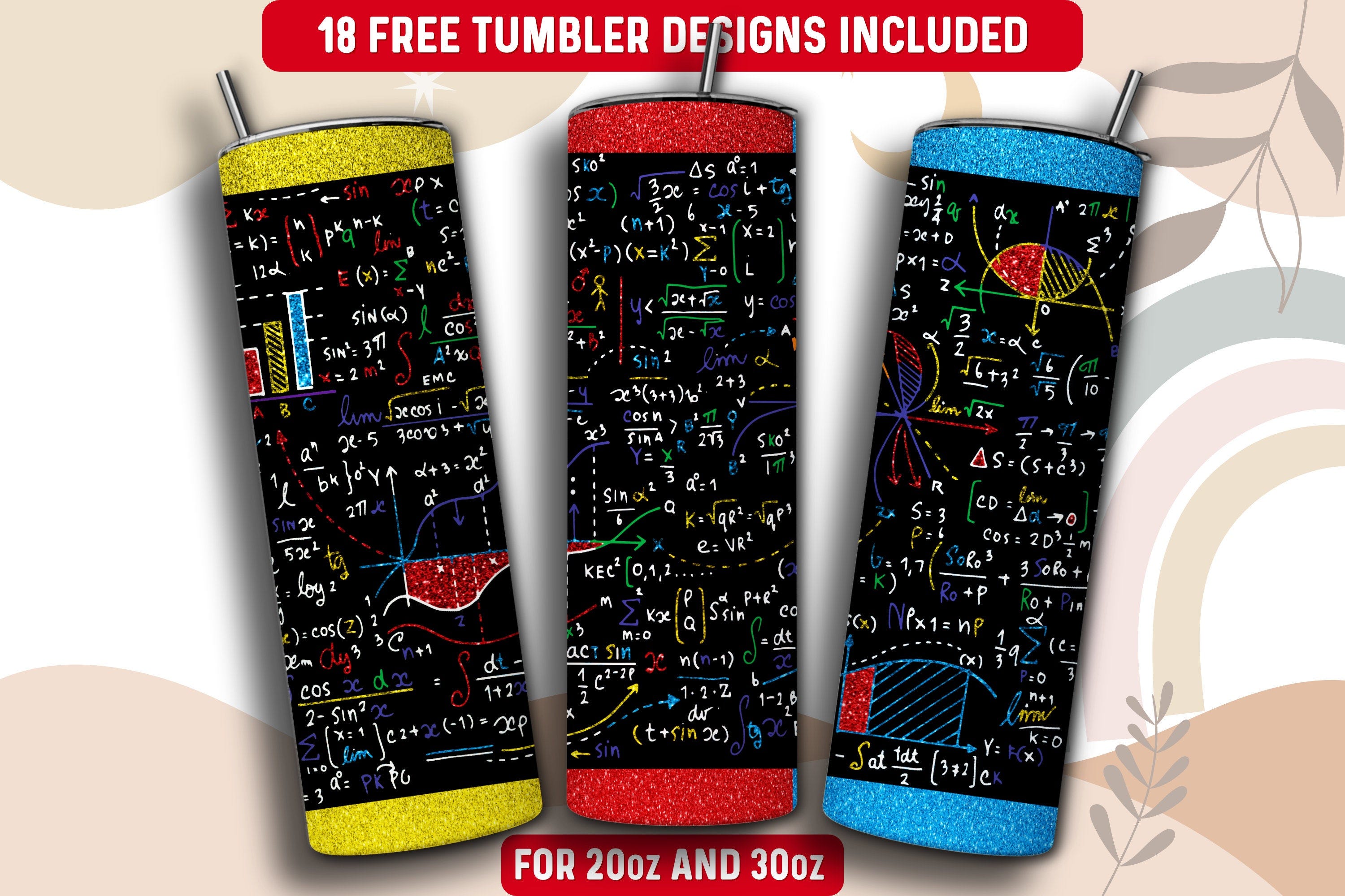 Math Tumbler Wrap PNG, Math Teacher 20 oz Skinny Tumbler Sublimation Design, Instant Download (+101 free Designs)