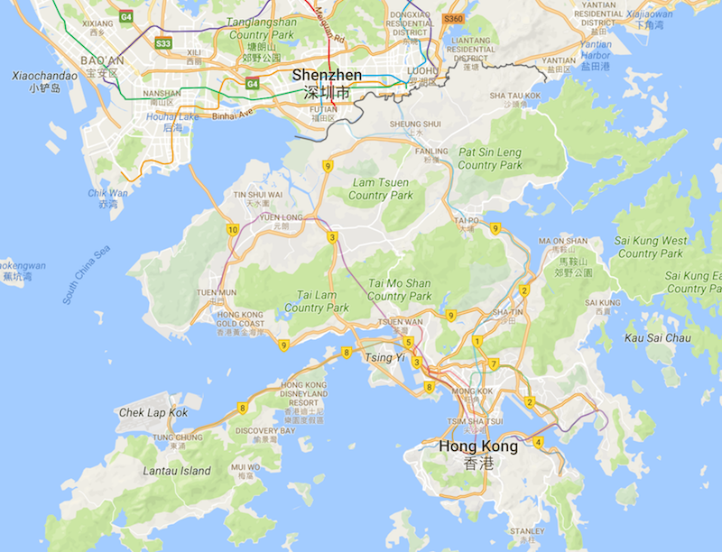 Shenzhen is located just north of Hong Kong. Image: Google Maps.