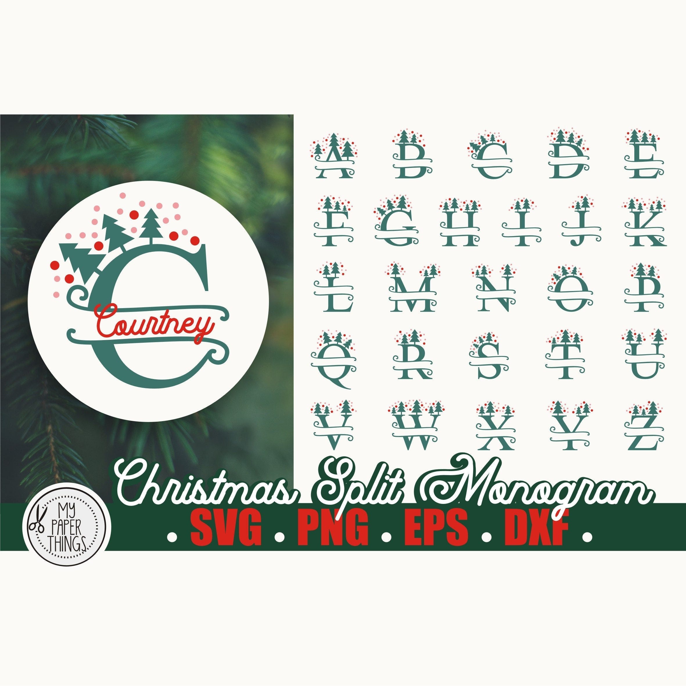 Christmas Split Monogram SVG Alphabet | Christmas Tree Alphabet SVG Cut File | Monogram Letter Bundle | files for cricut, silhouette