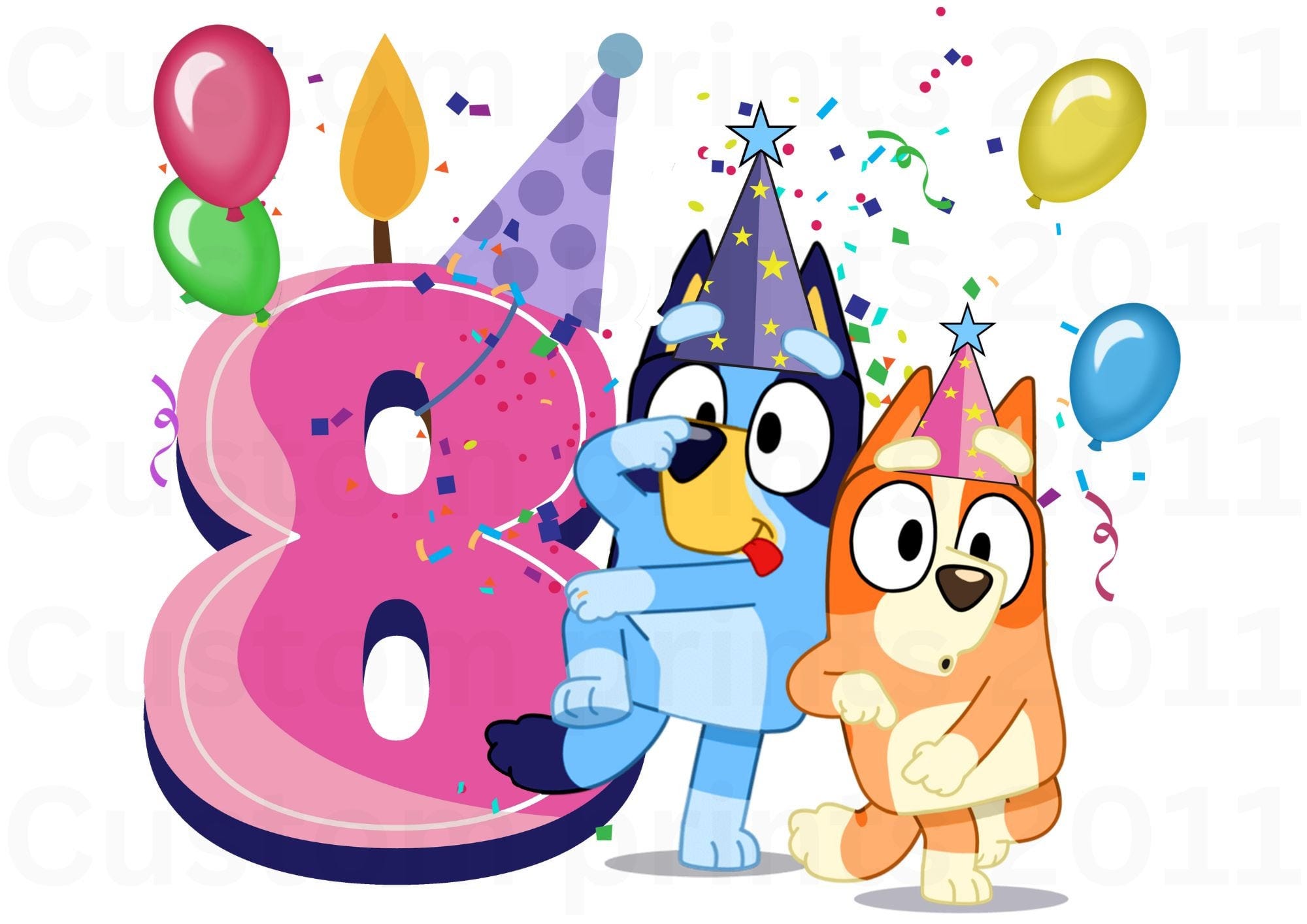 Blue Dog Birthday PNG Digital Download File Girl Age 8 Sublimation Party Celebration Re-Size 300dpi Quality