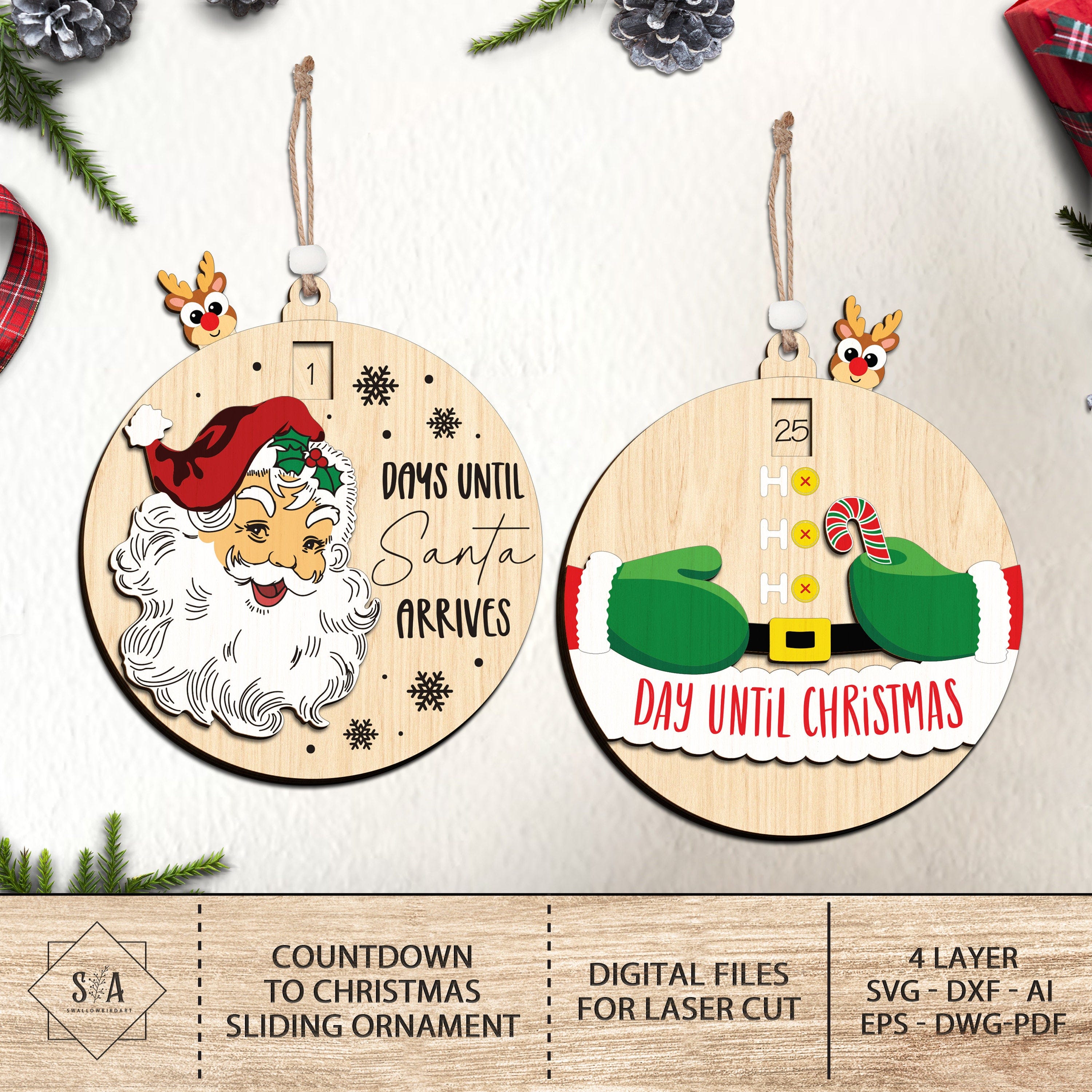 Santa Claus Countdown to Christmas Sliding Ornament Svg, Christmas Countdown Calendar svg, Christmas Reindeer Ornament, Glowforge svg files