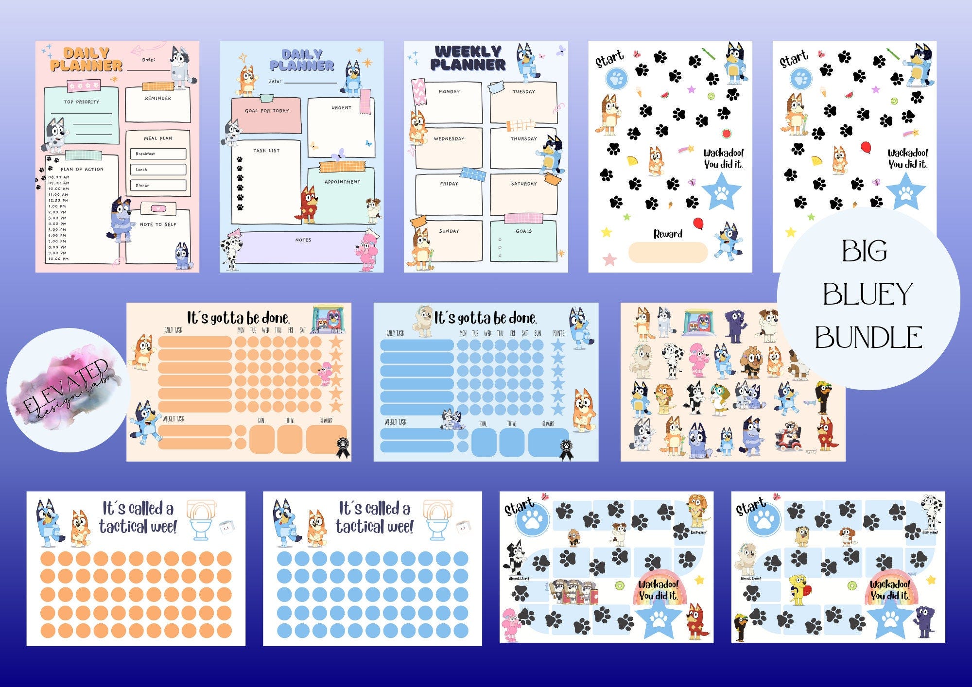 Big Bluey Bundle - get all your fave Bluey template needs all in one with this cool pack - Inc. planner, rewards, goal & toilet training.