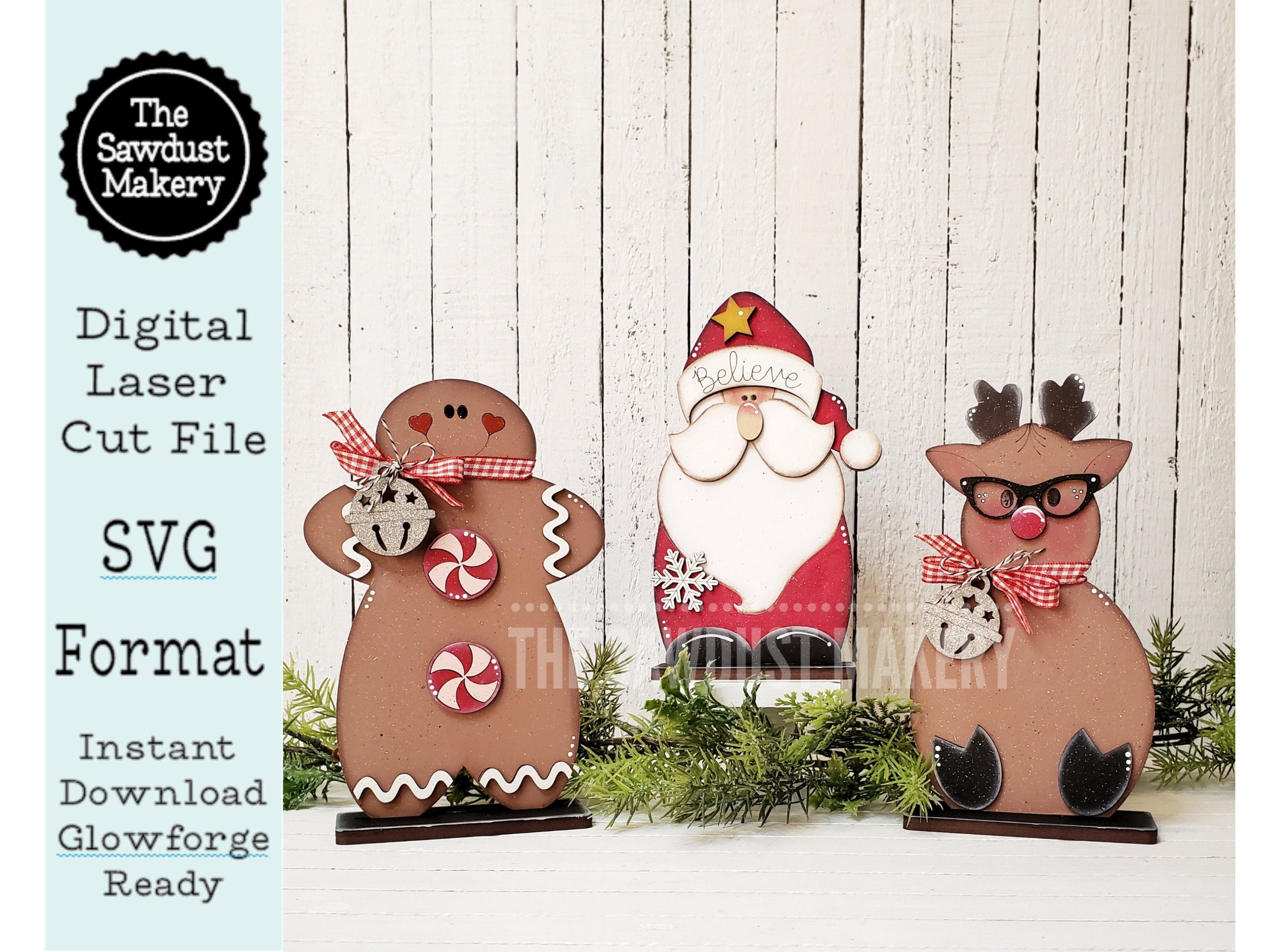 Standing Holiday Christmas SVG File | Laser Cut File | Glowforge | Santa | Gingerbread | Nerdy Reindeer SVG | Christmas  Shelf Sitters