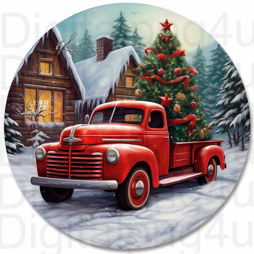 Red truck Christmas tree round png sublimation digital design download wreath sign wind spinner cutting board image
