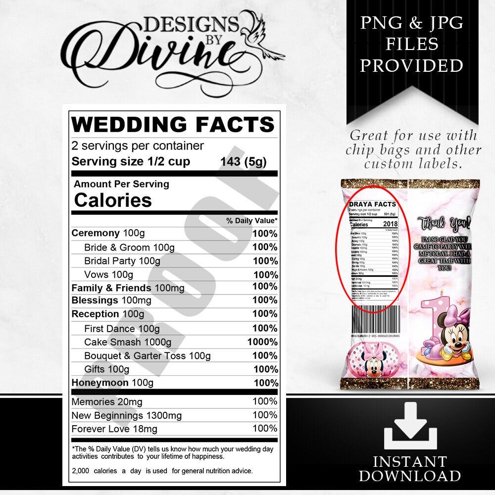 Wedding Nutrition Facts Label - Custom Label - Chip Bag - Water Bottle Label - Candy Label - Printable - Party Favor - Custom Favors