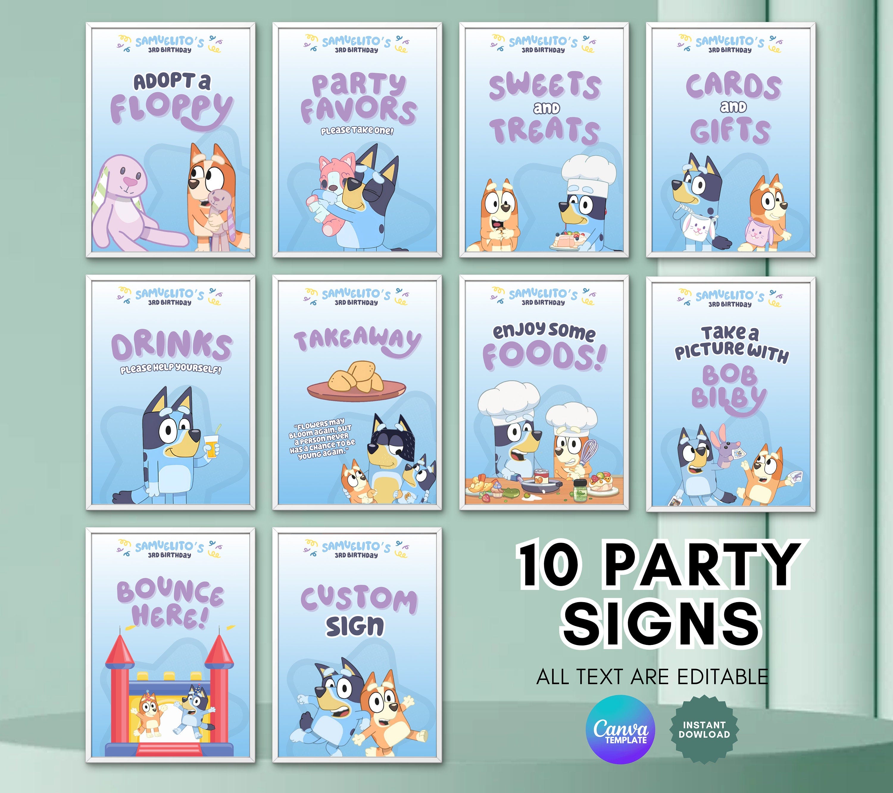 Editable Bluey Party Signs Bundle, Bluey Birthday Party Printable, Party Signages, Party Labels, Birthday Party Signs, Canva Template