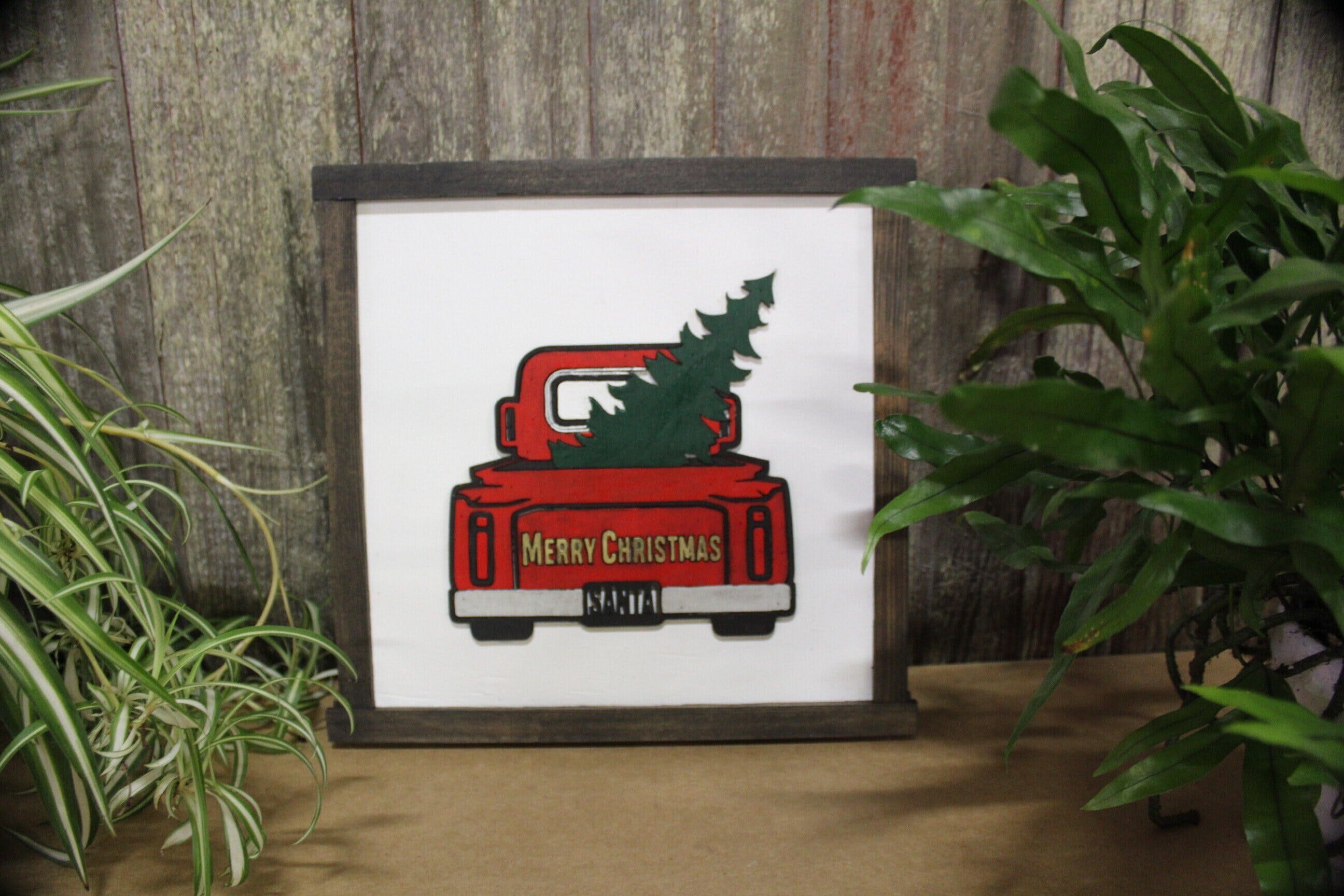 Red Truck Wood Sign Merry Christmas Hauling Christmas Tree 3D Raised Décor Decoration Wall Art Farmhouse Rustic Handmade