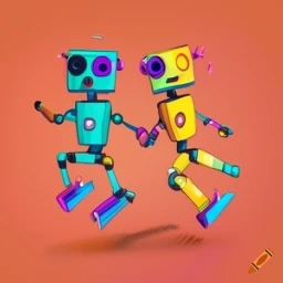 two robots holding hands and jumping