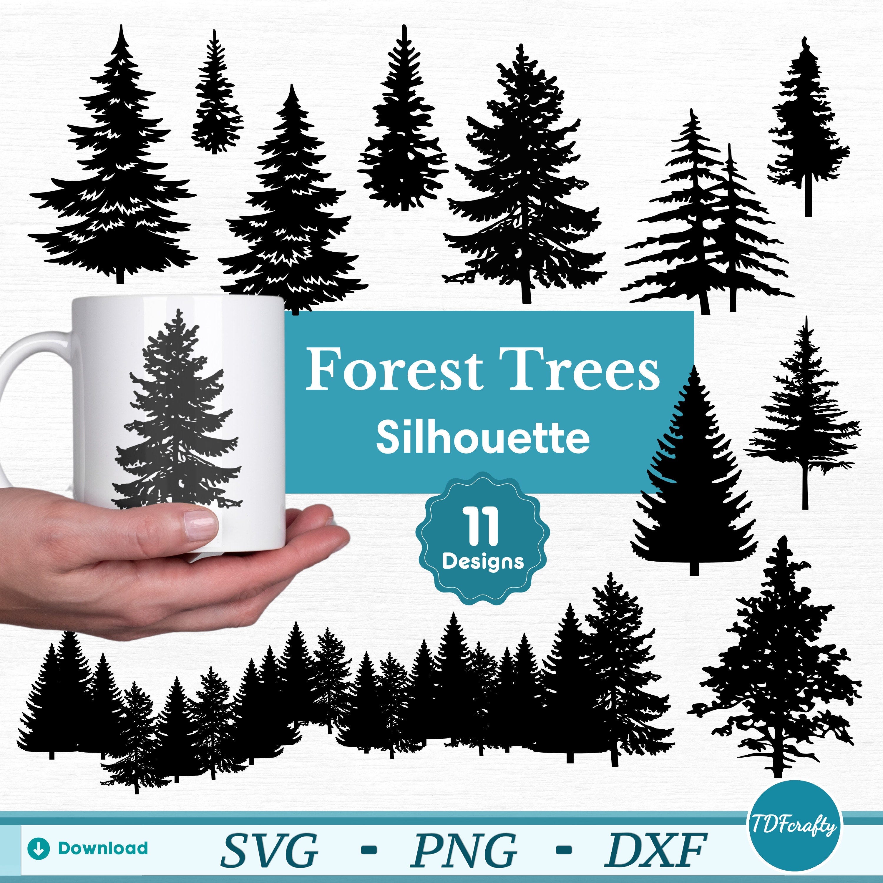 Forest Trees Silhouette Bundle svg, Pine Tree png, Printable Autumn Tree Shapes pdf, Foliage Cutting File dxf, eps Laser Machine