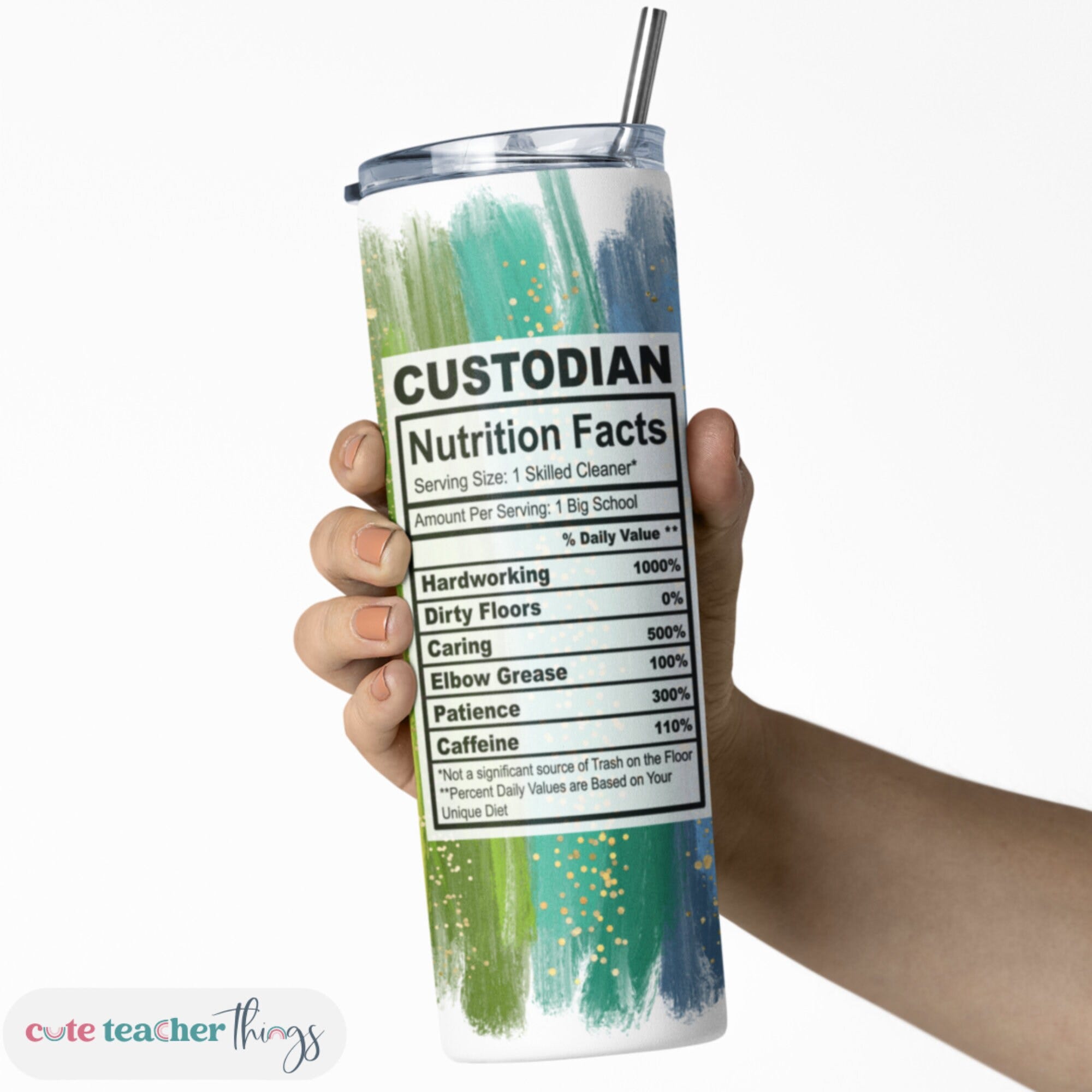 Custodian Nutrition Fact Tumbler | 20oz Skinny Tumbler with Lid & Straw | Teacher Appreciation