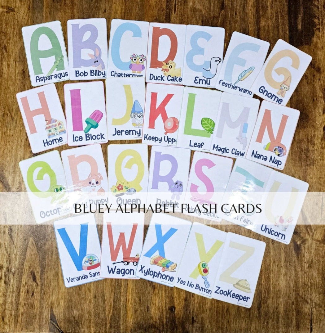 Bluey Alphabet Flashcards, Learning Flashcards, Preschool Learning, Blue Heeler,