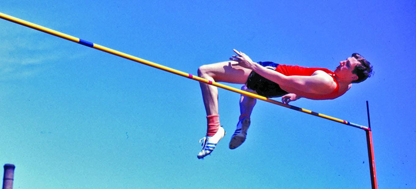 Dick Fosbury clears the high jump bar using the “Fosbury flop,” mid-1960s. Courtesy of Oregon State University