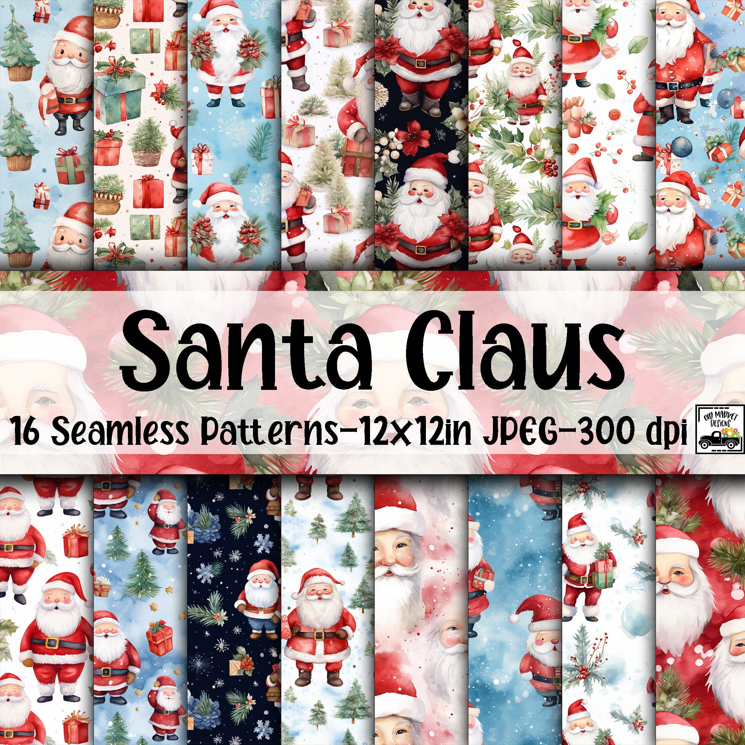 Watercolor Santa Claus SEAMLESS Patterns - Christmas Digital Paper - 16 Designs - 12x12in - Commercial Use - Christmas Santa Claus